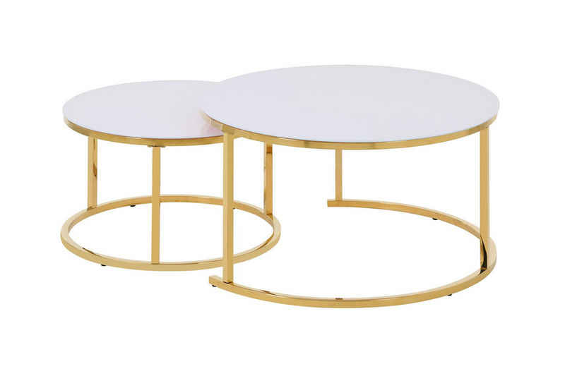 HOOZ Couchtisch Couchitsch 2er Set Rund Gold weiß (Wohnzimmertisch, 2 Tische), Höhe 45 cm