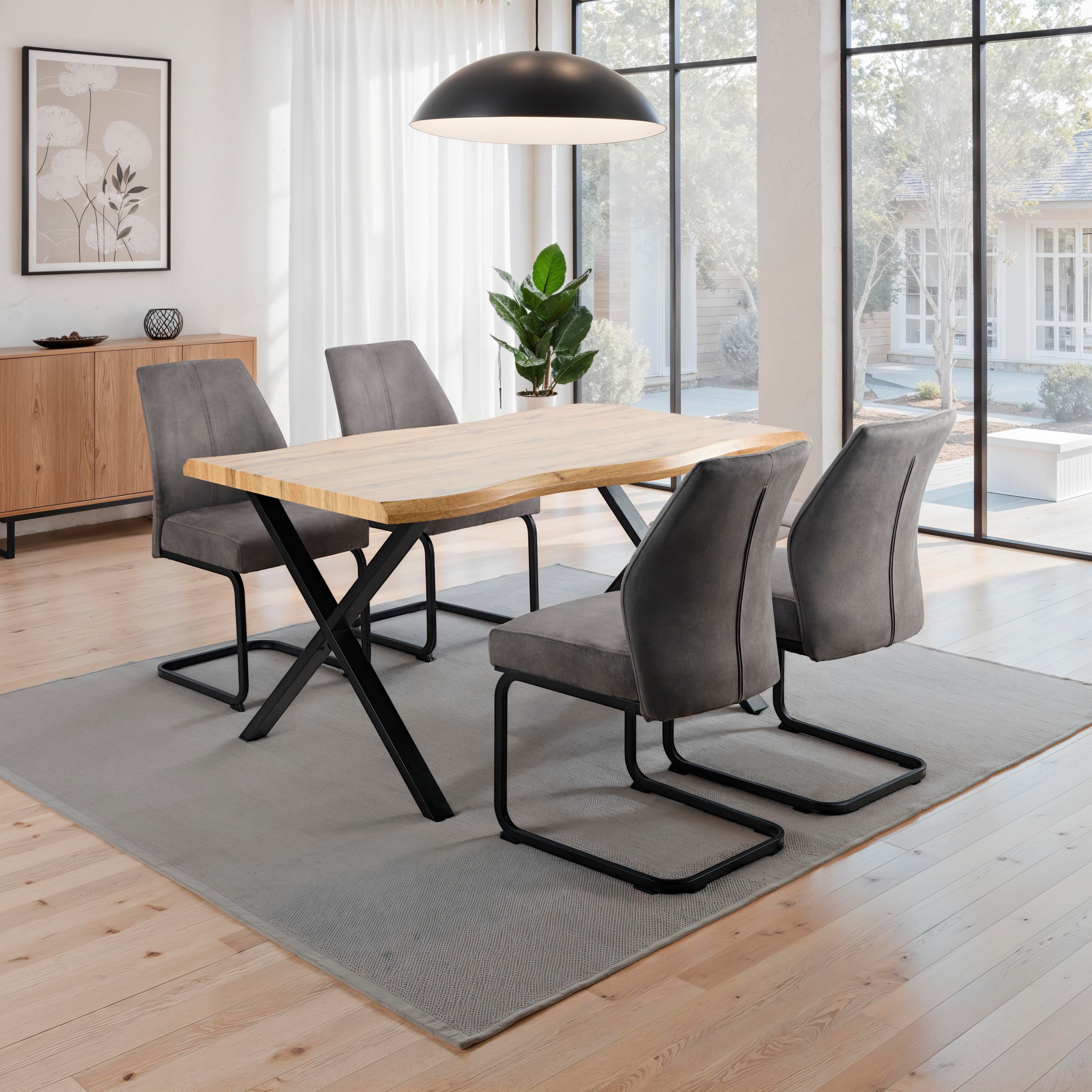 HELA Essgruppe ILLER Tisch 140x90 cm, (Set, 5-tlg), 5tlg., Baumkante 46mm, X-Gestell, Schwingstuhl, Federkorb