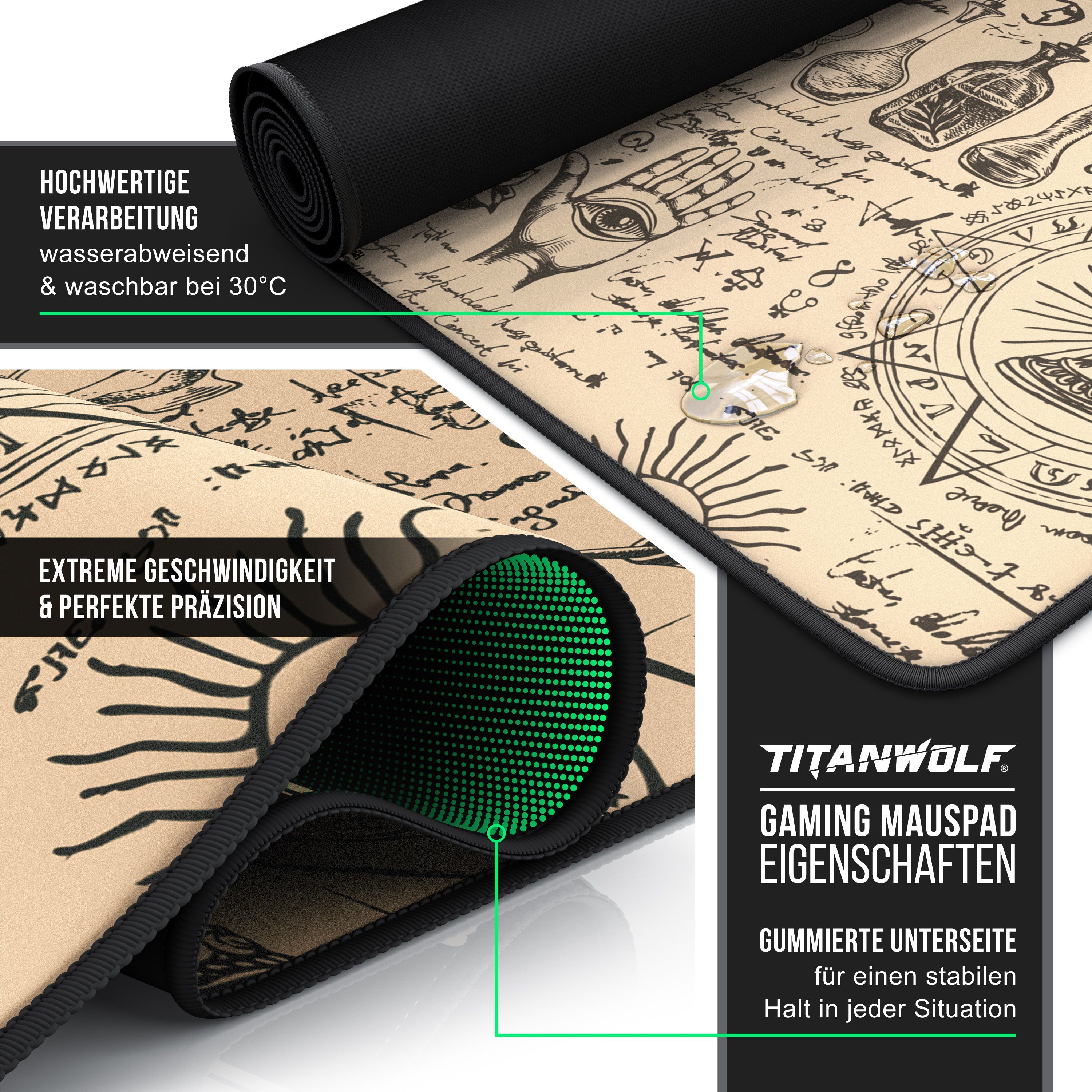 Titanwolf Gaming Mauspad XXL Speed Mousepad 900 x 400 x 3 mm, große Tischunterlage, rutschfest, abwaschbar, Geschwindigkeit & Präzision, Alchemy