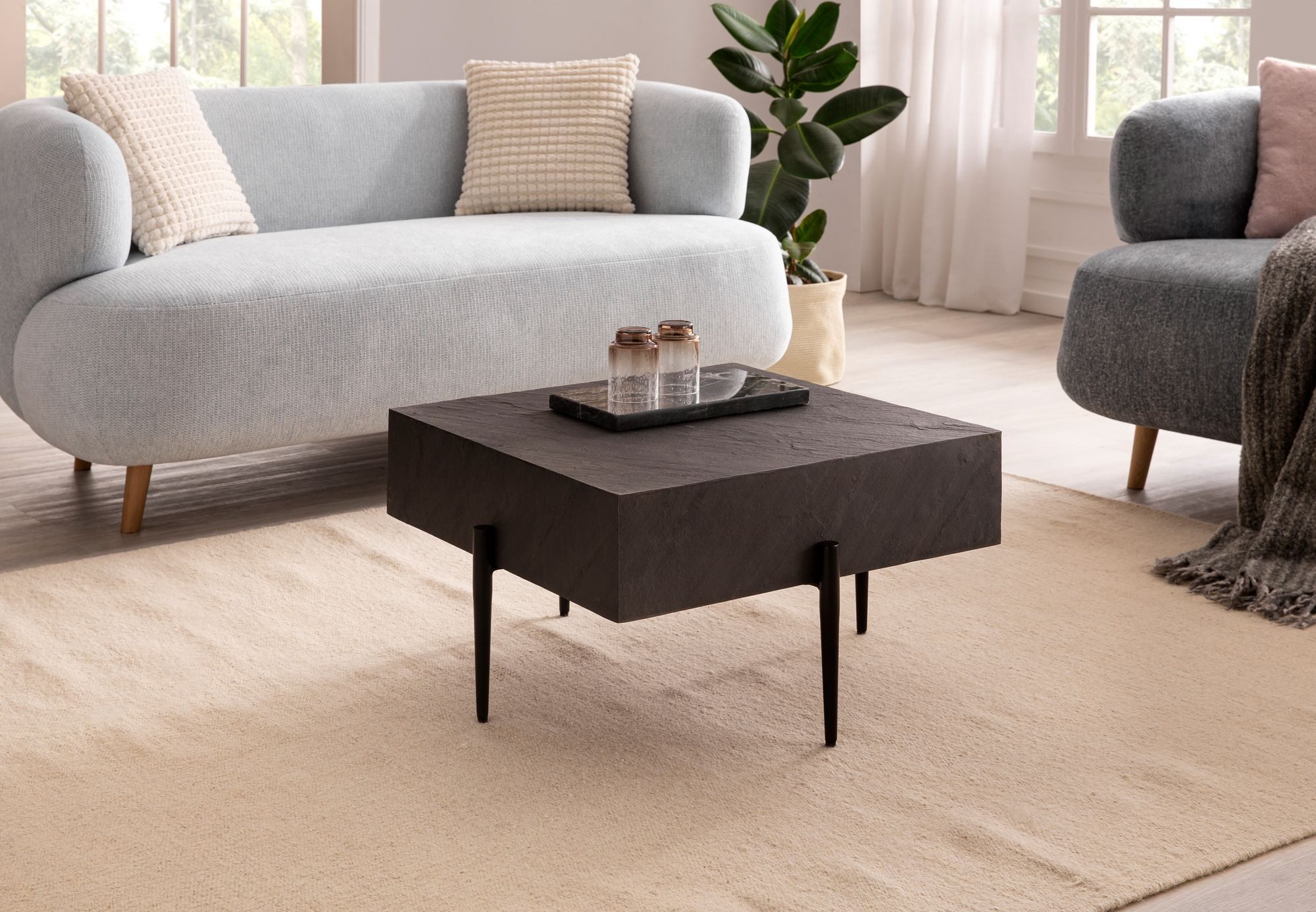 Wohnling Couchtisch WL6.792 Steinoptik Anthrazit 64x64x35 cm Sofatisch Wohnzimmertisch (64x64x35 cm Steinoptik / Metall, Quadratisch), Sofatisch Anthrazit, Wohnzimmertisch Modern