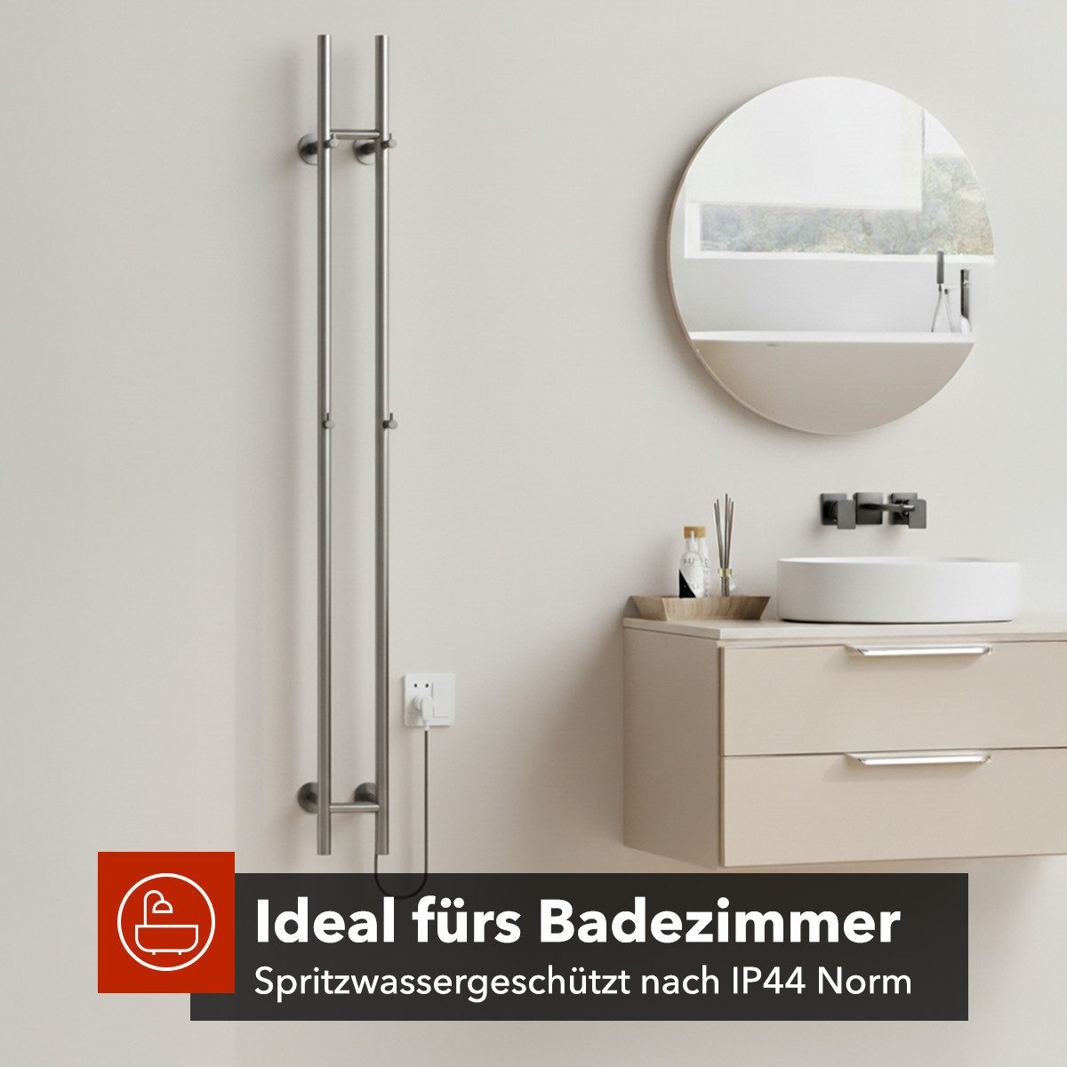 Belvit Elektrischer Badheizkörper Handtuchwärmer 150x17 cm mit 4 Handtuchhaken mit Timer & 2 Heizstufen, 120W, Wandmontage mit Montagematerial, Handtücher trocknen & wärmen