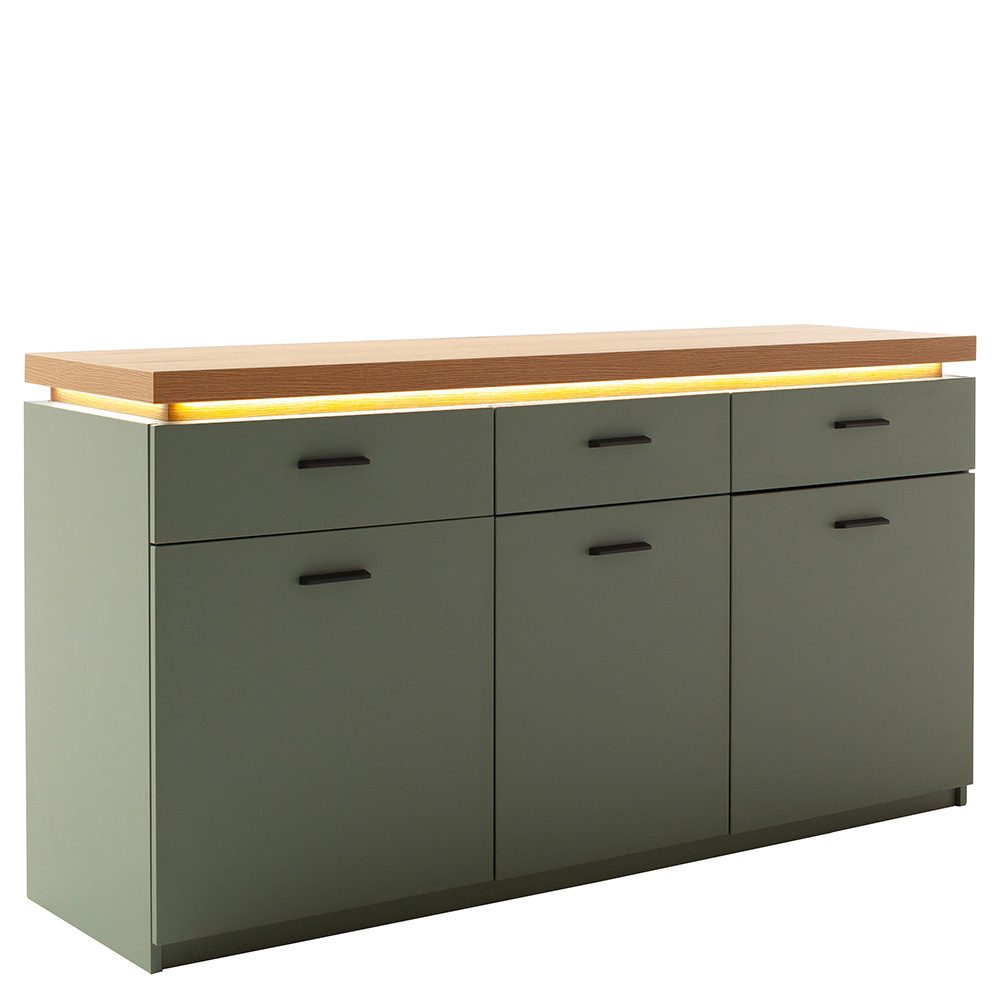 Lomadox Sideboard MOSTAR-05, Grün mit Eiche, 156 cm Breite, 3-türig