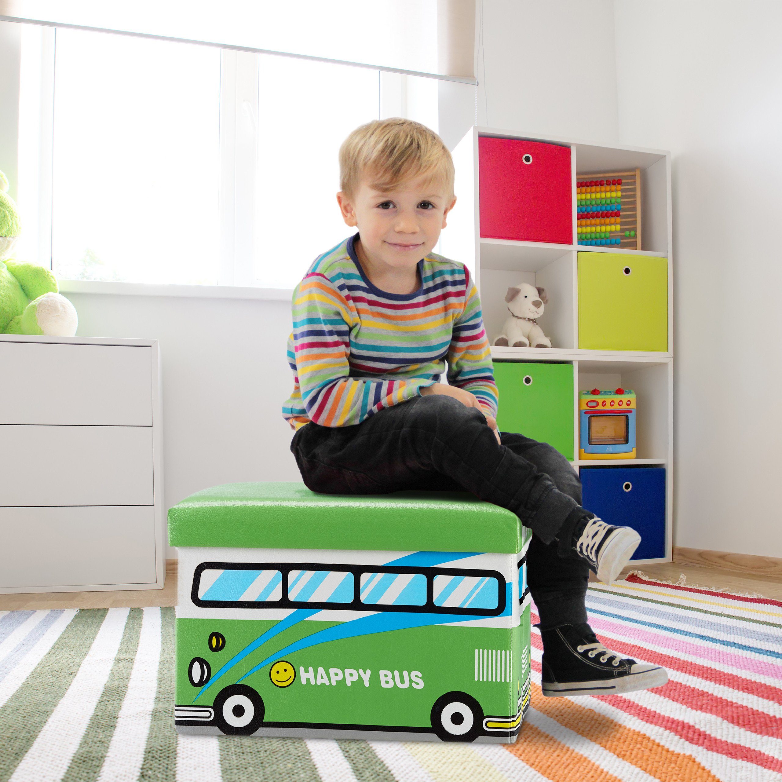 relaxdays Spielzeugtruhe Faltbare Spielzeugkiste mit Stauraum, Happy Bus