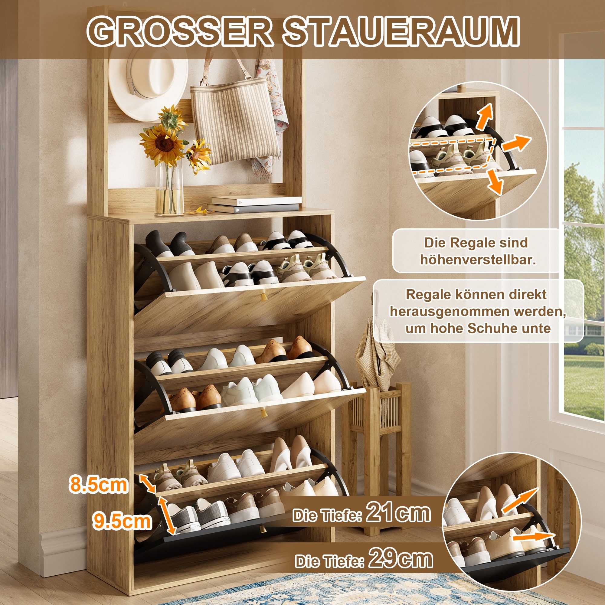 BlingBin Schuhkipper Schuhschrank 75 x 24 x 180 cm, mit Haken, 3 Klappen (Schuhregal geschlossen, 1 St., Eingangsbereich Möbel), Garderobenschrank für Flur, schmaler Flurschrank, Holzoptik Schwarz