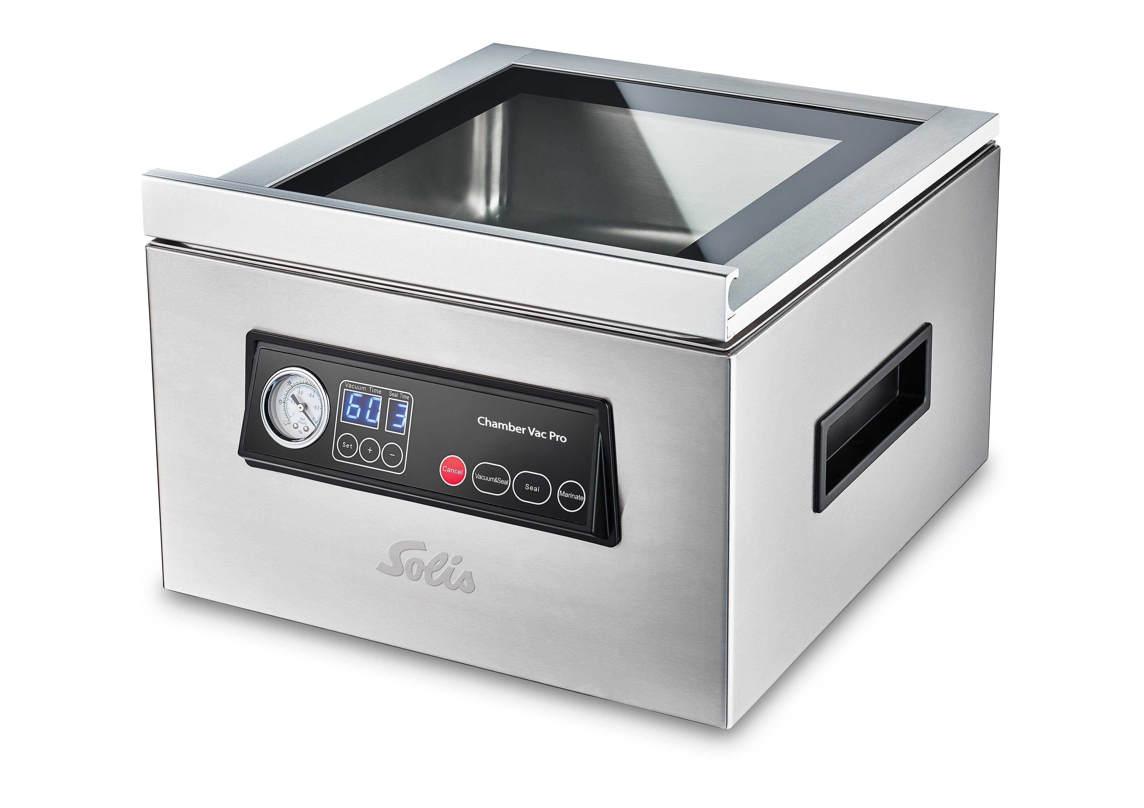 SOLIS OF SWITZERLAND Вакуумні пакувальники Chamber Vac Pro Kammervakuumierer, Typ 5702, 350W, 4 Vakuumpumpen (1 bar), Marinierfunktion, Vakuumkammer