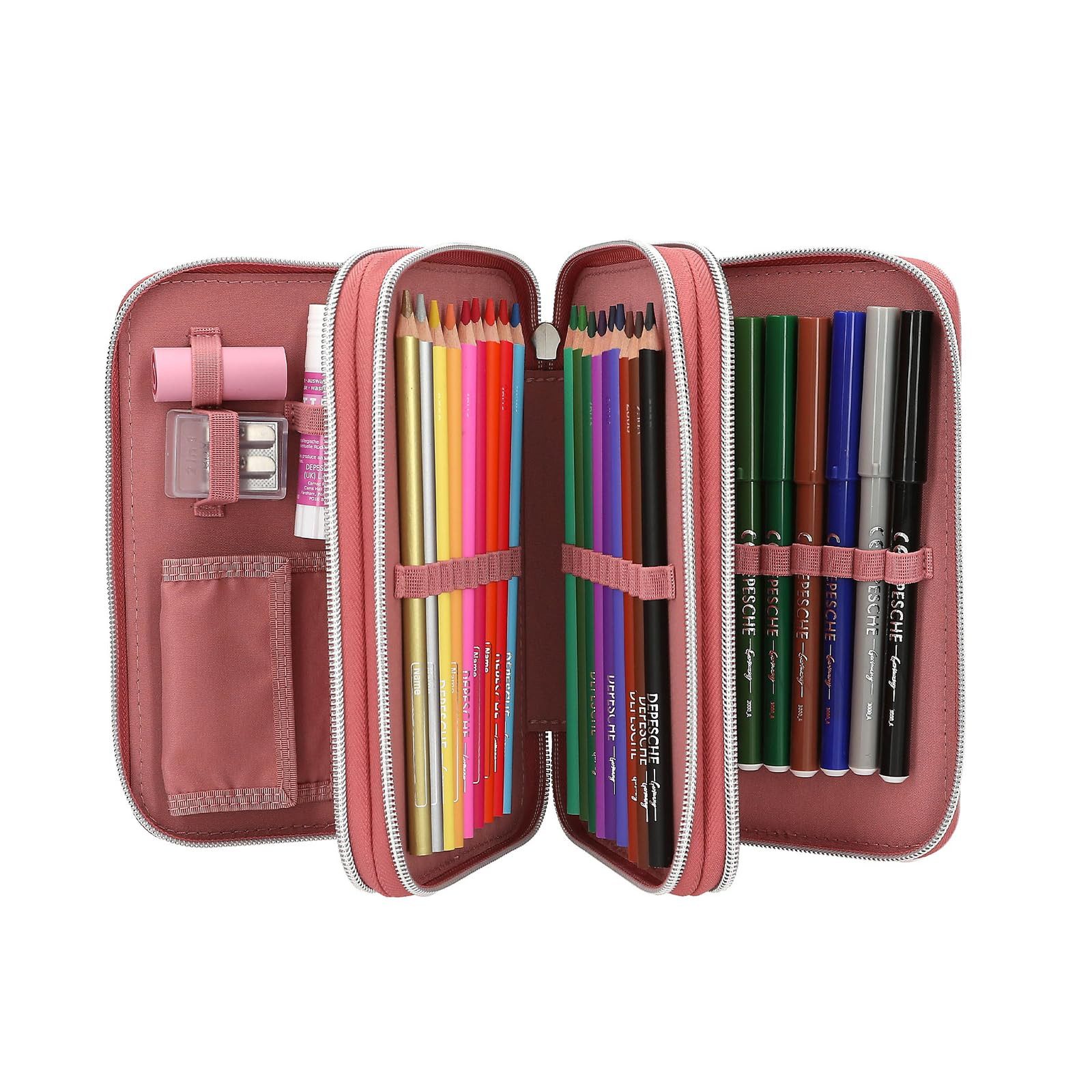Depesche Federmäppchen Gefüllte 3-Fach Federtasche Rosa mit TOPModel Motiv, 20 cm, Punkte-Muster, Glitzer, Buntstifte, Schere, Lineal enthalten – Bild 5 von 5