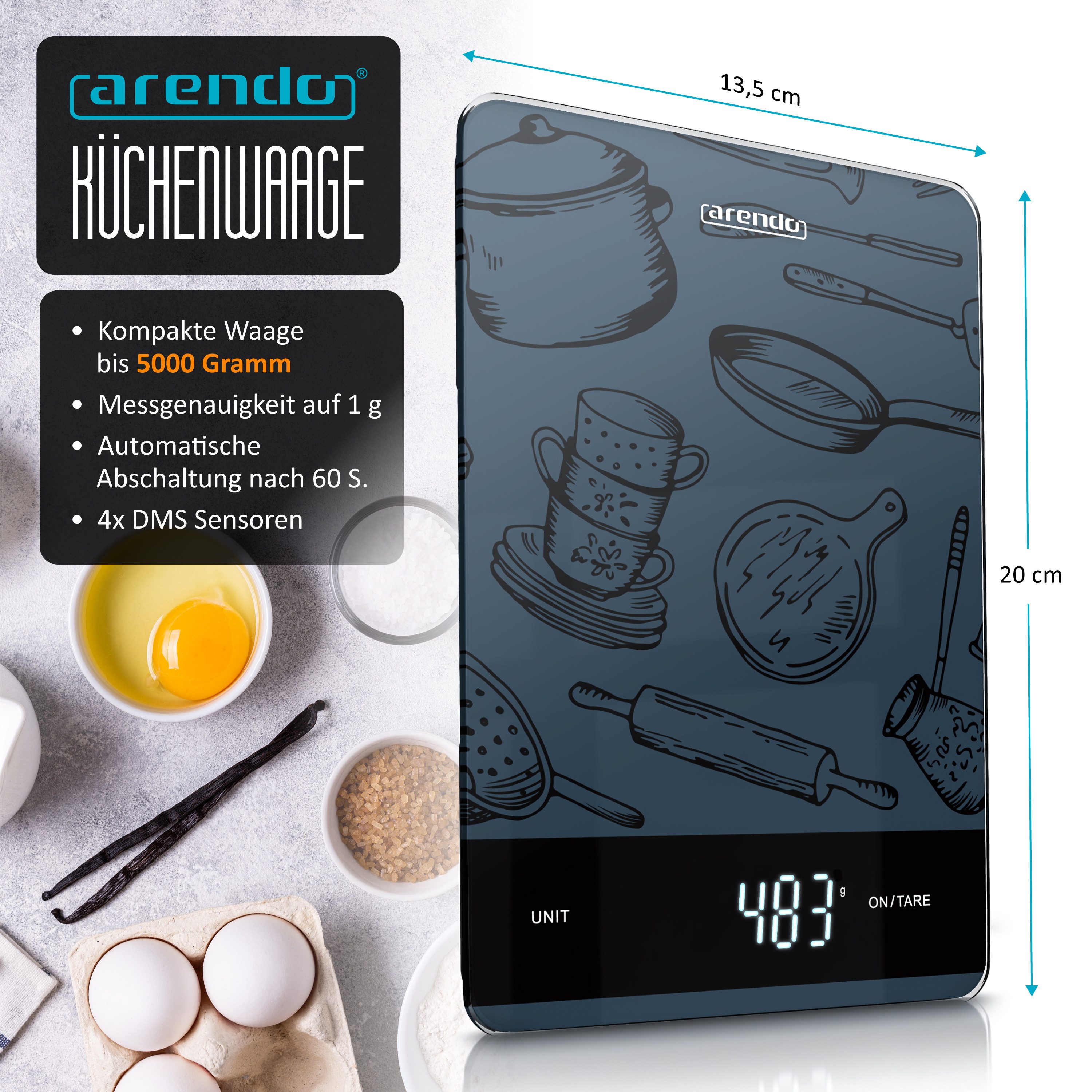 Arendo Küchenwaage digital mit Hochglanz Glasoberfläche, Lebensmittelwaage, 20 x 13,5cm, (1-tlg), 1 g Genauigkeit, Tara-Funktion, LCD-Display, 5 kg Tragkraft – Bild 2 von 5