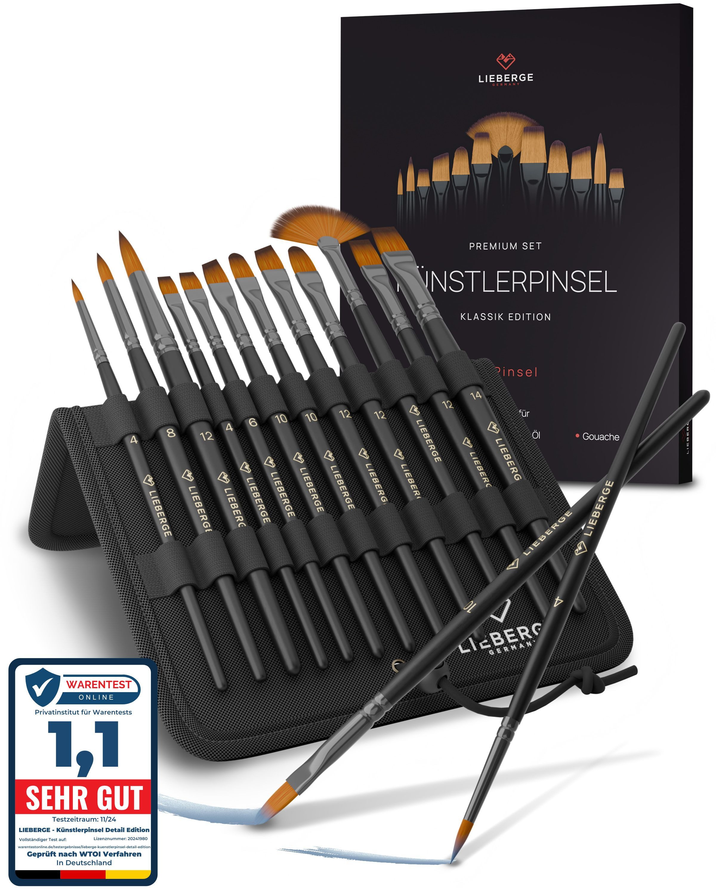 LIEBERGE Кисть Premium Set – 12 Кисточки für Acryl, Aquarell, Öl, inkl. Präsenter, (Set, 12 St., Кисточкиpräsenter, Flachpinsel, Fächerpinsel, Rundpinsel, Schrägpinsel), Synthetikhaar, vegan, langlabig, hohe Farbaufnahme, Anfänger, Profis