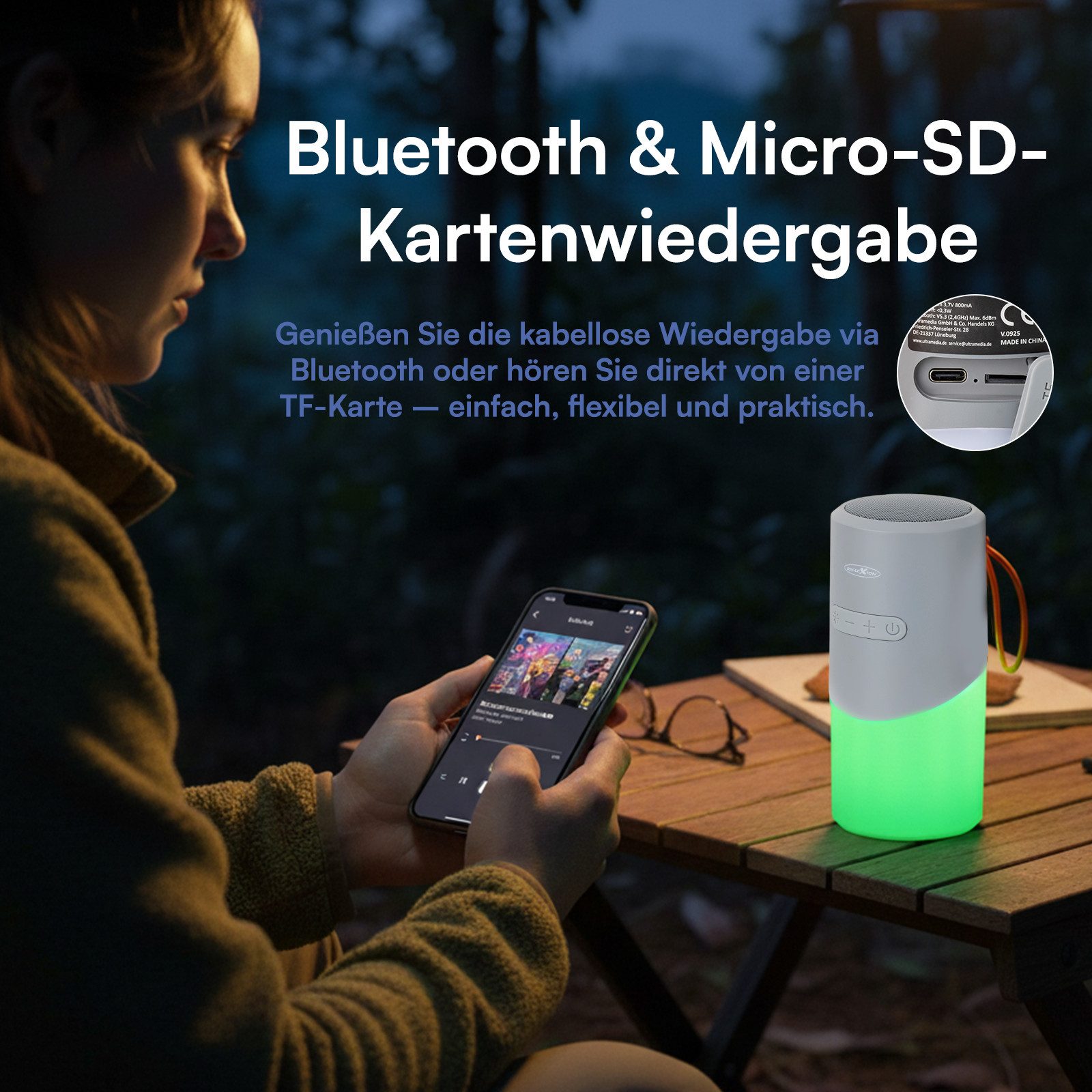 Reflexion BTX705 Camping Lampe, Nachtlicht, Outdoor Bluetooth-Lautsprecher (Bluetooth, 40 W, Ultra kompakt, IPX5 Spritzwassergeschützt, LED-Effekte, MicroSD Slot)