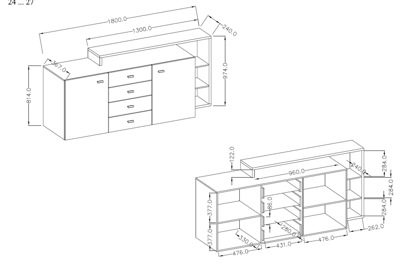 Beautysofa Kommode mit vier Schubladen BOTA (Vielseitiges Möbelstück, moderner Stil, geräumig), Zwei Türen, mit Stauraum