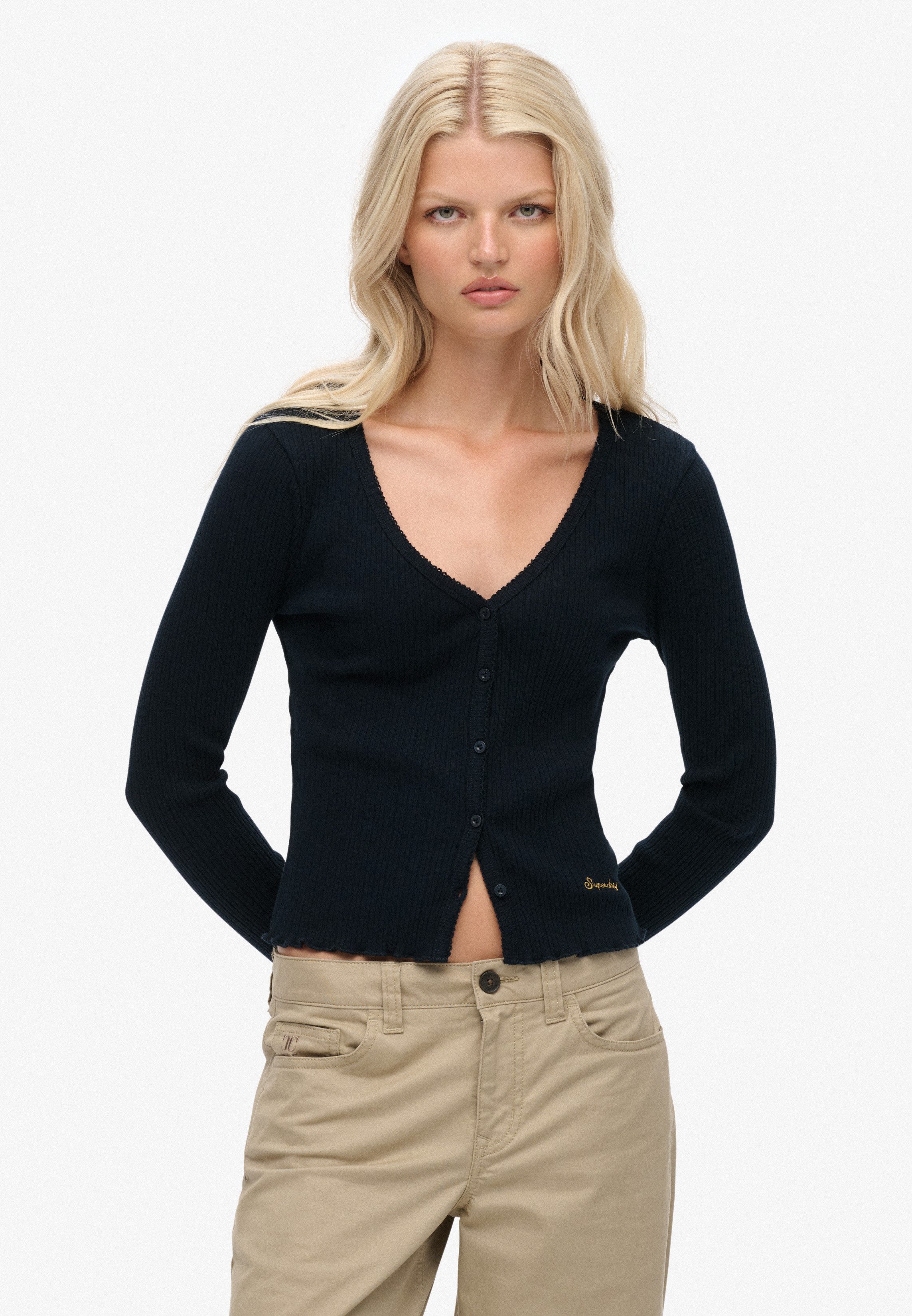 Superdry Langarmshirt ESSENTIAL BUTTON THRU LS TOP Baumwolle, skinny fit