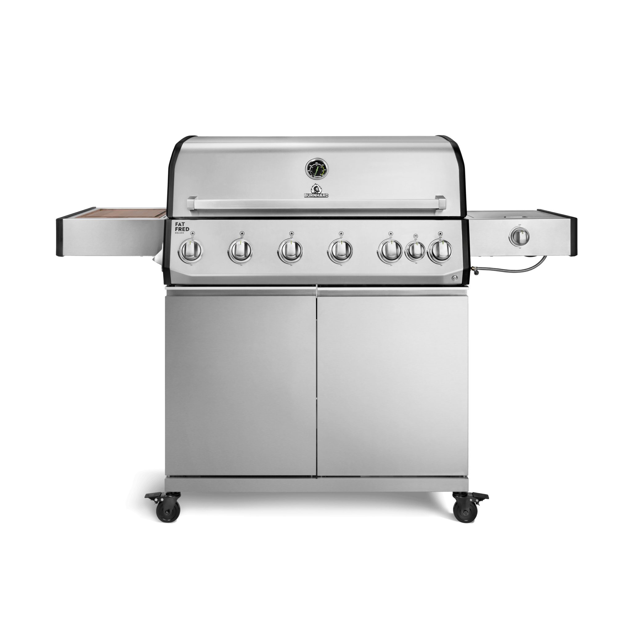 BURNHARD® Gasgrill 6-Brenner, 3,5 kW Edelstahl-Stabbrenner, Infrarot-Keramikbrenner, Heckbrenner, Seitenkochfeld, Edelstahlrost, große Grillfläche, Piezo-Zündung – Fat FRED Deluxe