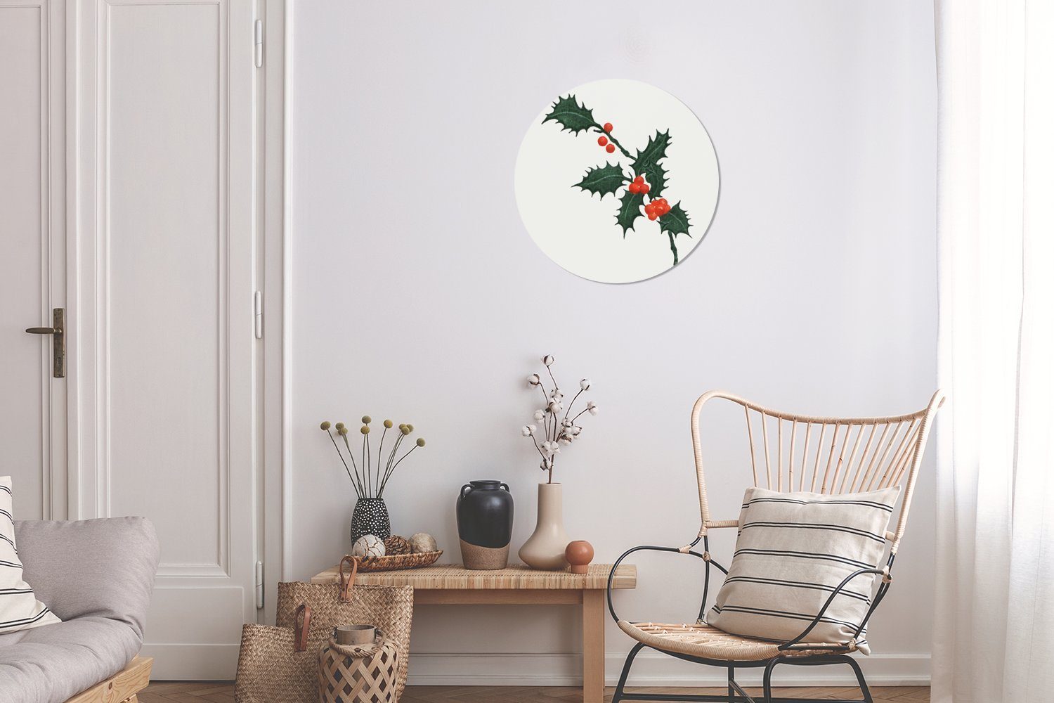 - cm St), Rundes Kreis Wanddekoration MuchoWow Wandbild, Kunst 30x30 Weihnachten Forex, - Gemälde (1 Wohnzimmer, Stechpalme,