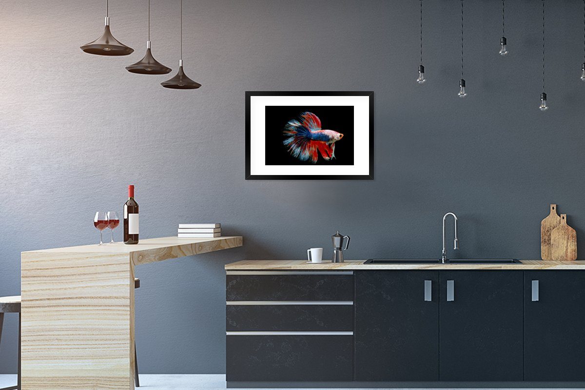 MuchoWow Poster Fisch - Meerestier - Schwanz - Blau, (1 St), mit Rahmen, Kunstdruck, Gerahmtes Poster, Schwarzem Bilderrahmen
