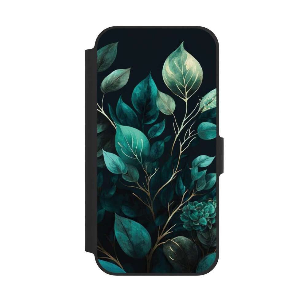 NIVOCASE Handyhülle Eukalyptus Blätter schwarz Eucalyptus Dark Background, Apple iPhone 12 Klapphülle Handyhülle aus Kunst Leder NIVOflip schwarz
