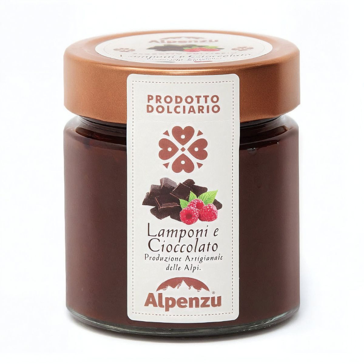 Alpenzu Fruchtaufstrich Aufstrich HImbeere und Schoko, Prodotto Dolciario Lamponi e Cioccolato, 270 g, Ohne Konservierungsmittel und Farbstoffe.