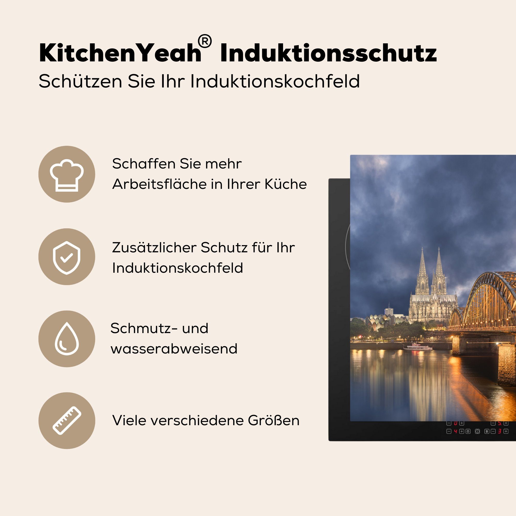 Brücke MuchoWow - Vinyl, Herdblende-/Abdeckplatte 78x78 Köln - Arbeitsplatte Ceranfeldabdeckung, (1 - küche tlg), Dom, Deutschland cm, für