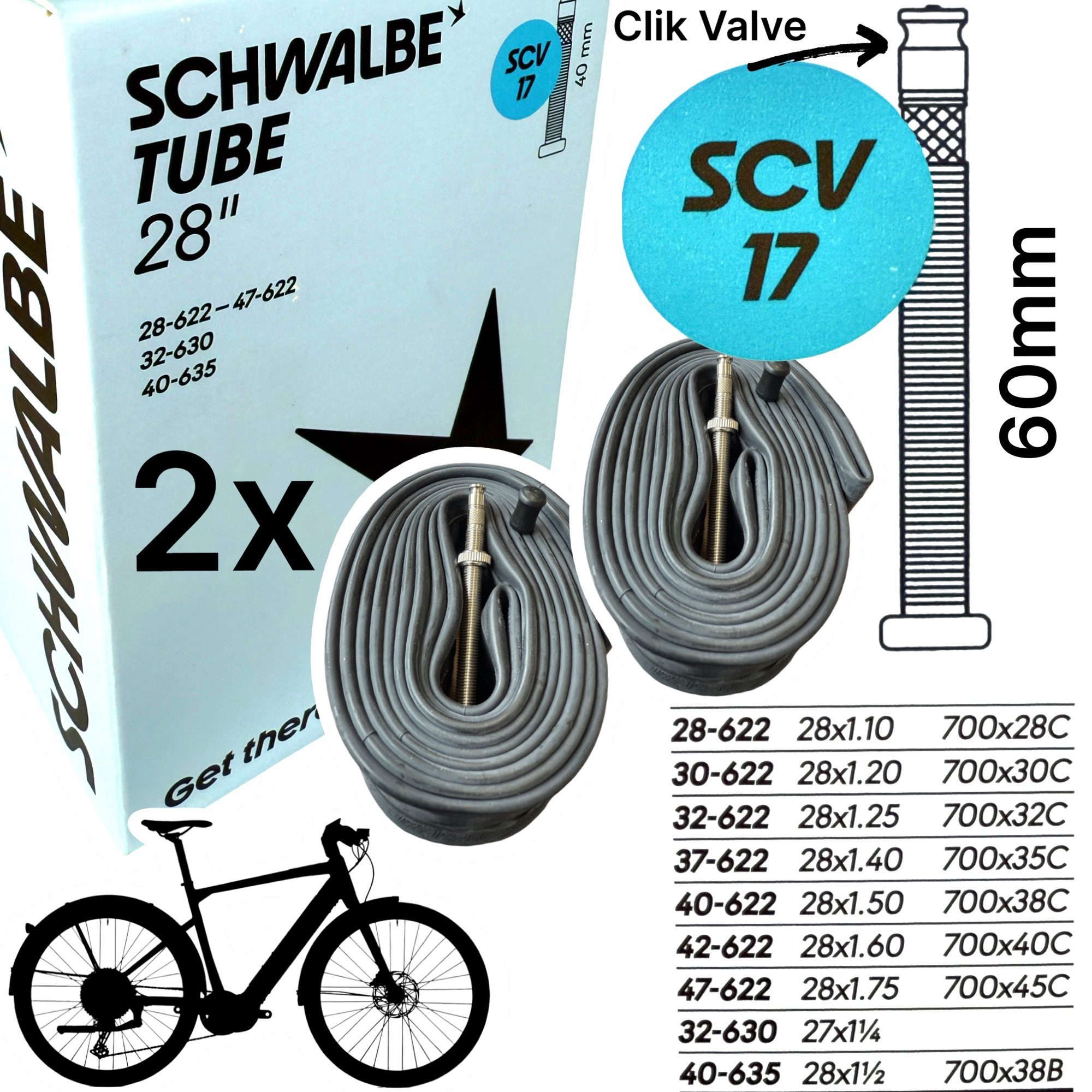 Fahrradschlauch 2x Schwalbe Road Fahrrad-Schlauch SCV17 28" 1,1-1,75" Clik Ventil