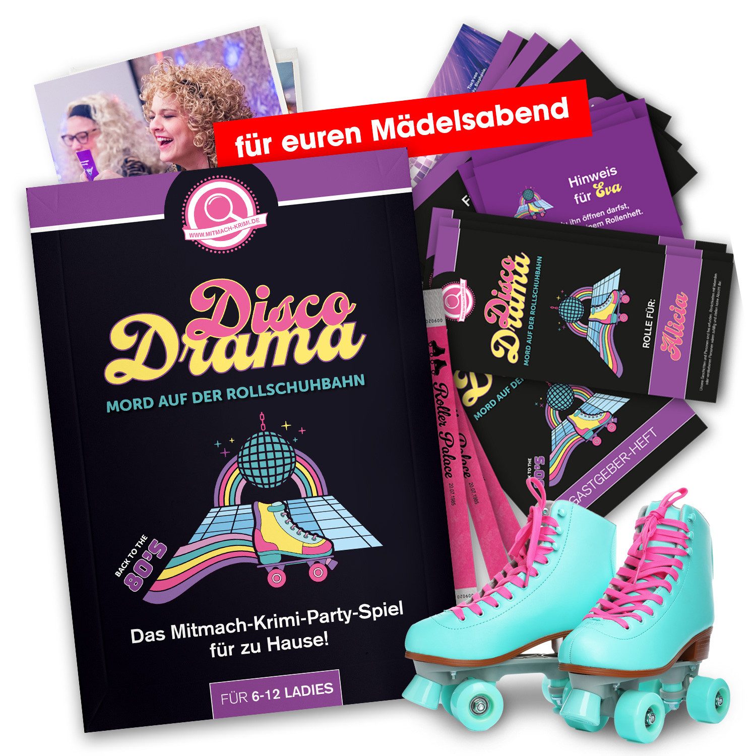 mitmach-krimi Spiel Krimi-Party, Disco Drama – Mord auf der Rollschuhbahn - Krimi-Party Spiel für 6-12 Ladies