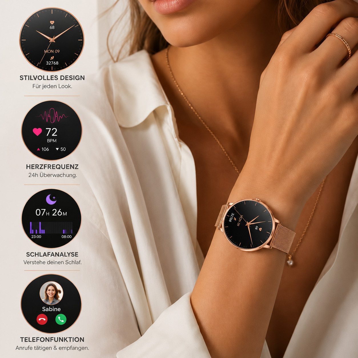 XCOAST SIONA 2 NANO - kleine Damen Smartwatch (37 cm, iOS Android) 6,9mm flach, Anrufe, Schrittzähler, Puls, Blutdruck, Schlafüberwachung, 1-tlg., 6,9mm hoch, 37mm Display, über 100 Sportarten, bis zu 6 Tage Akku, 6,9mm flach, Edelstahl, wasserdicht, 37mm AMOLED always-on Display