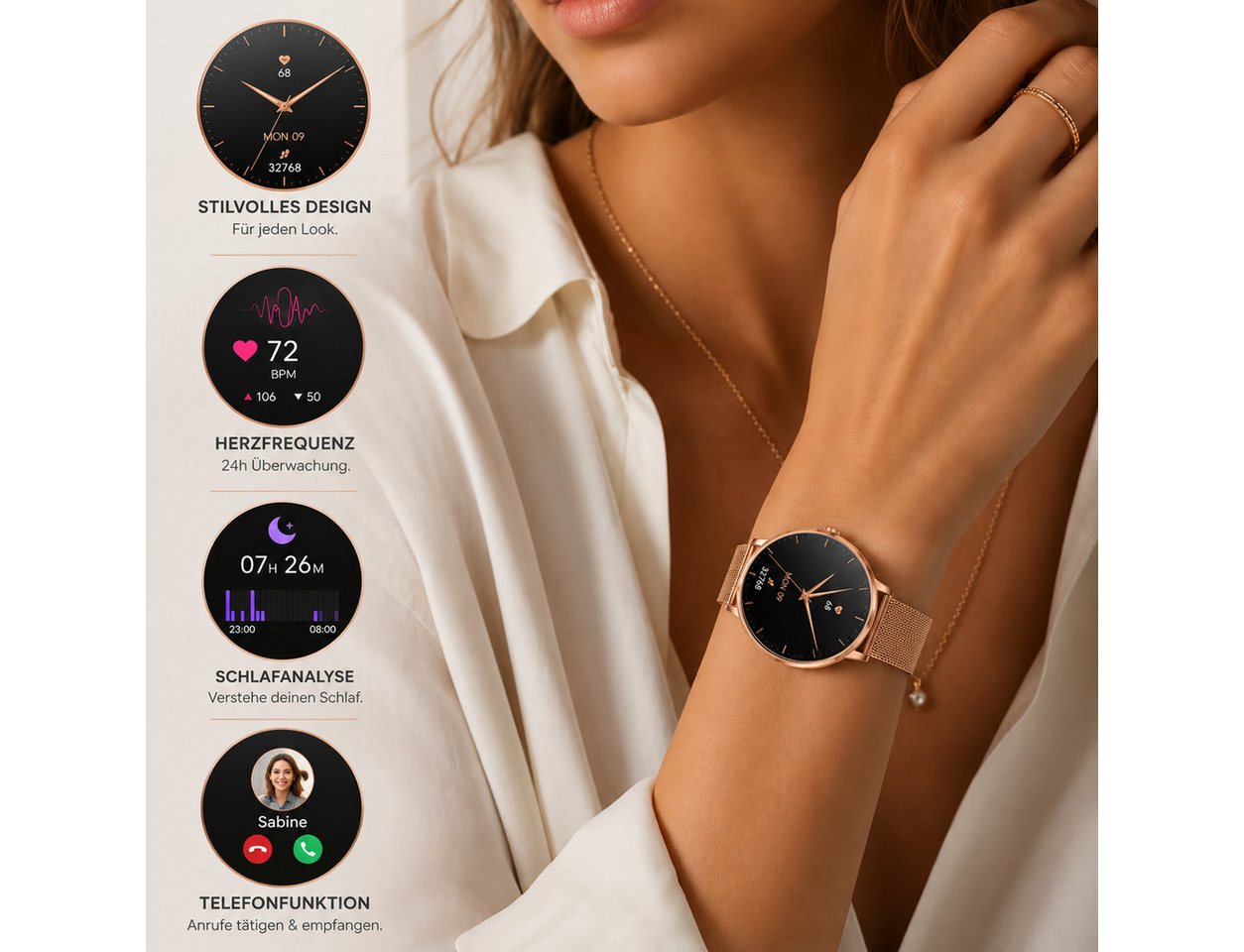 XCOAST SIONA 2 NANO - kleine Damen Smartwatch (37 cm, iOS Android) 6,9mm flach, Anrufe, Schrittzähler, Puls, Blutdruck, Schlafüberwachung, 1-tlg., 6,9mm hoch, 37mm Display, über 100 Sportarten, bis zu 6 Tage Akku, 6,9mm flach, Edelstahl, wasserdicht, 37mm