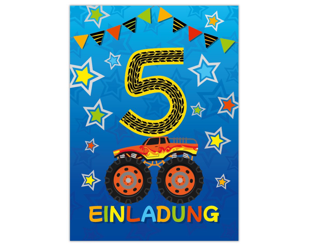 JUNAPACK Einladungskarten Auto zum 5. Kindergeburtstag Jungen Einladungen Karten Monster Truck, Einladungskarten mit einem Monster Truck Motiv zum fünften Geburtstag