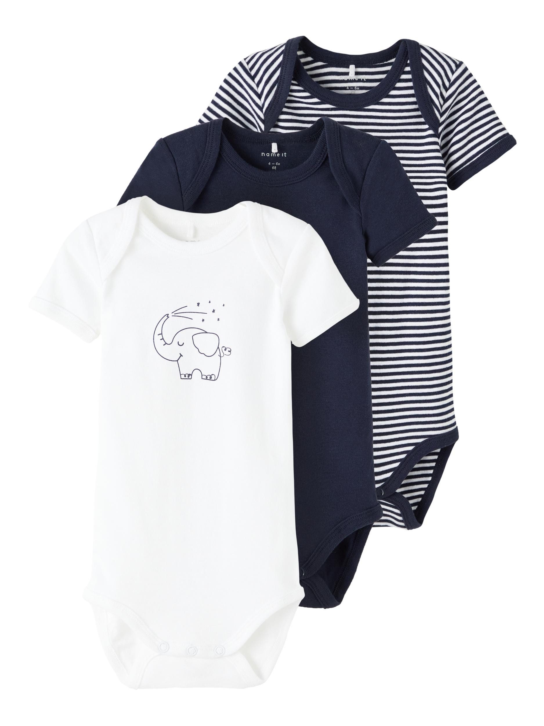 Name It Kurzarmbody kurzarm Baby Bodys im 3er Pack Elefant Dark Sapphire-74 (Packung, 3-tlg., 3er-Pack) mit Druckknöpfen im Schritt
