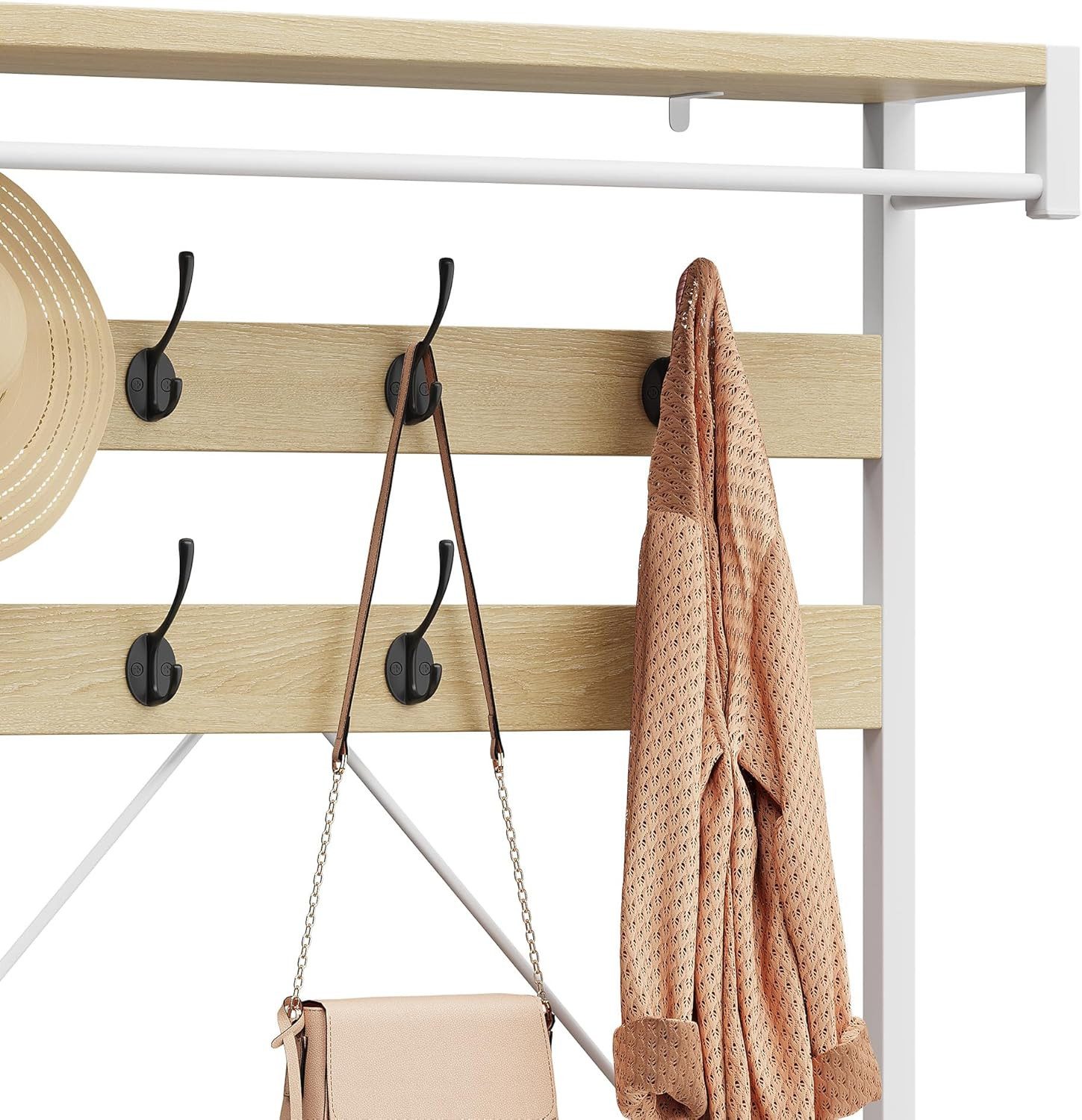 GarveeMore Garderobenständer 4-in-1 mit Sitzbank,3 Etagen Ablage und 8 Haken,183cm, mit Schuhbank,verstellbare Füße,Kleiderstange,101x40x183cm – Bild 5 von 5