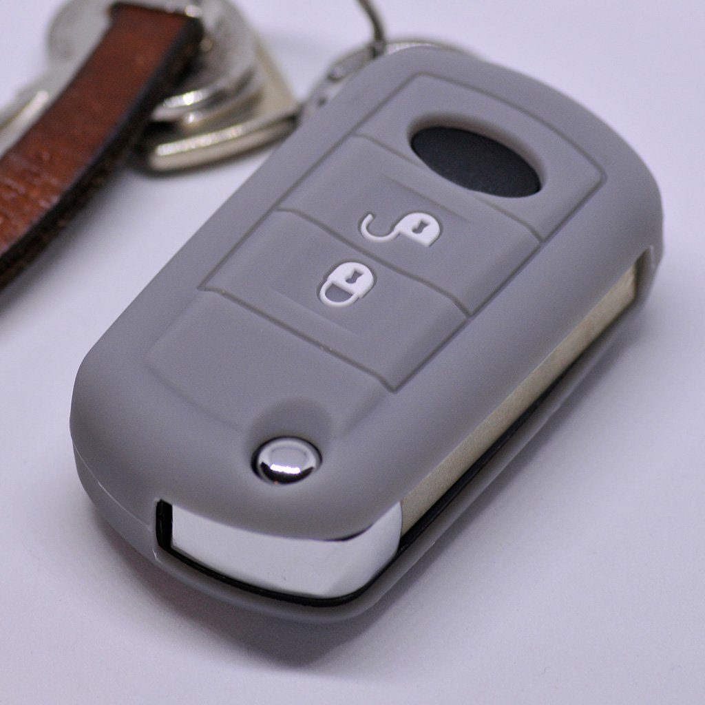 mt-key Schlüsseltasche Autoschlüssel Softcase Silikon Schutzhülle Grau, für Land Rover Discovery 3 Range Rover LR3 2 Tasten Klappschlüssel