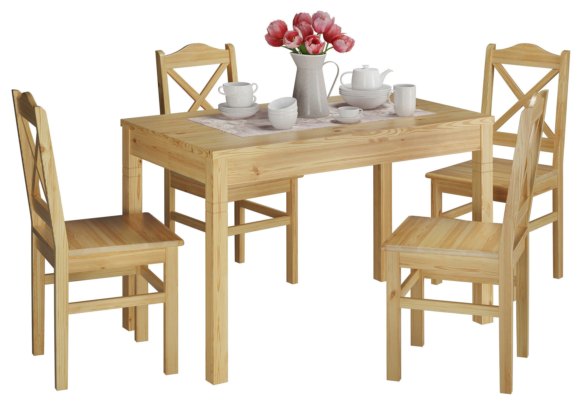 ERST-HOLZ Essgruppe Rustikale Tischgruppe Esstisch und 4 Stühlen Kiefer Massivholz