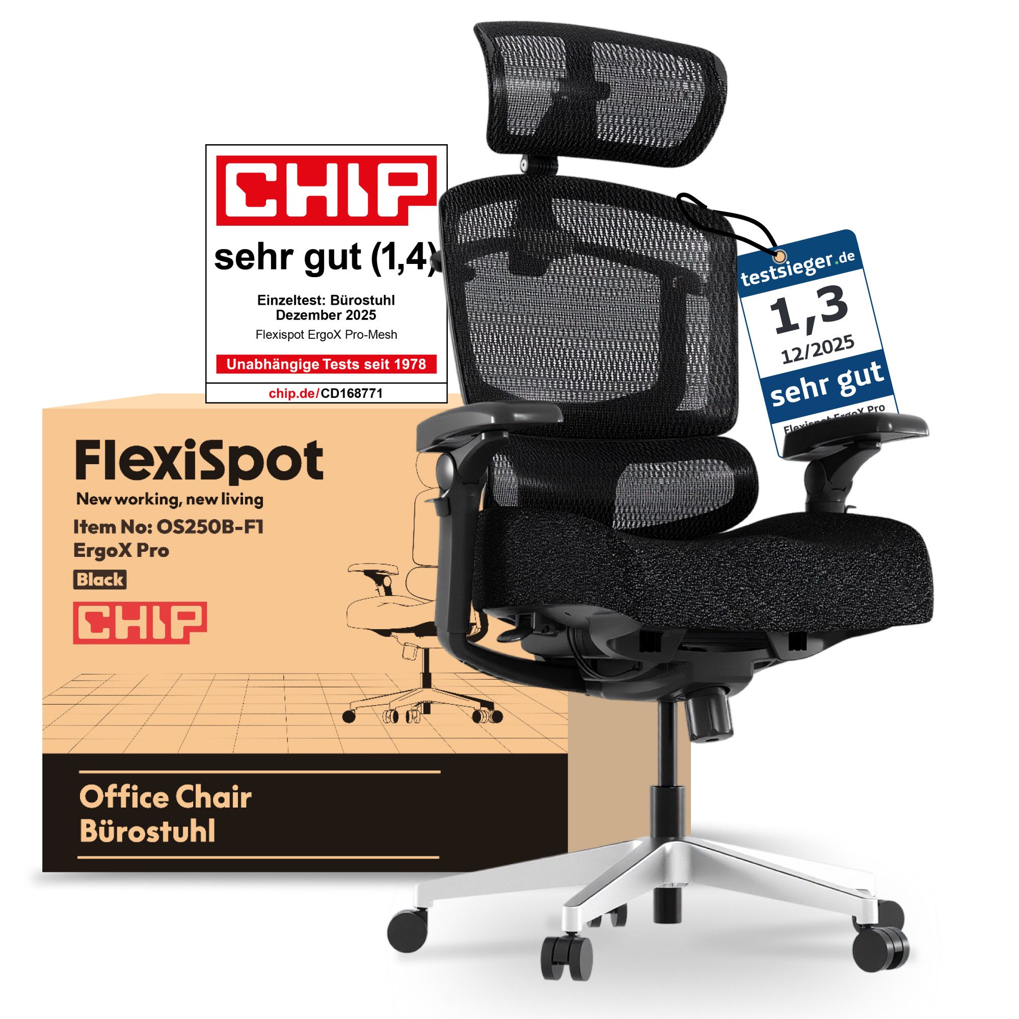 FLEXISPOT Bürostuhl ErgoX, Schreibtischstuhl Premium Ergonomischer (mit 7D-Armlehnen, 5D-Lendenstütze, 4D-Kopfstütze), Schaumstoffsitz Schreibtischstuhl, 250 kg Belastbarkeit