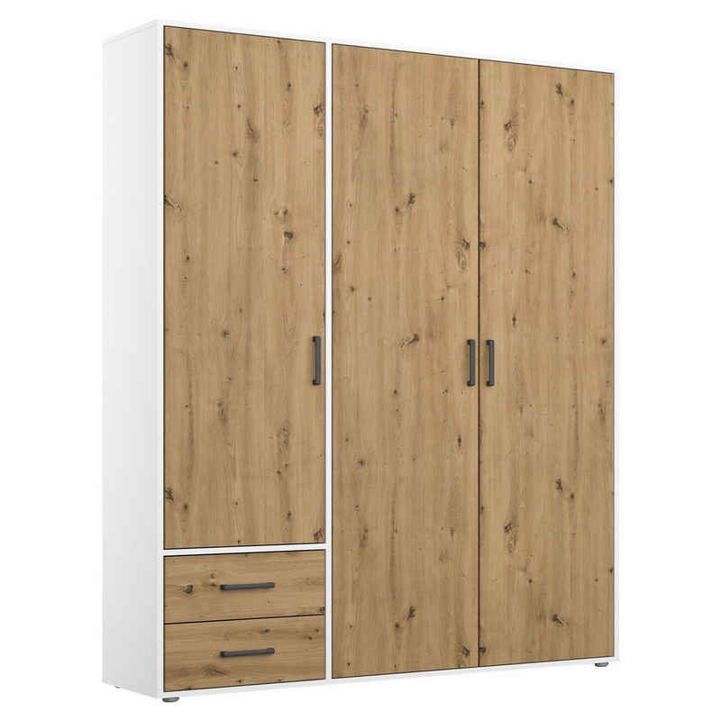 rauch Drehtürenschrank VOYAGER, Alpinweiß, Artisan Eiche Dekor, 3 Türen, 2 Выдвижные ящики, B 140 x H 194 x T 53 cm