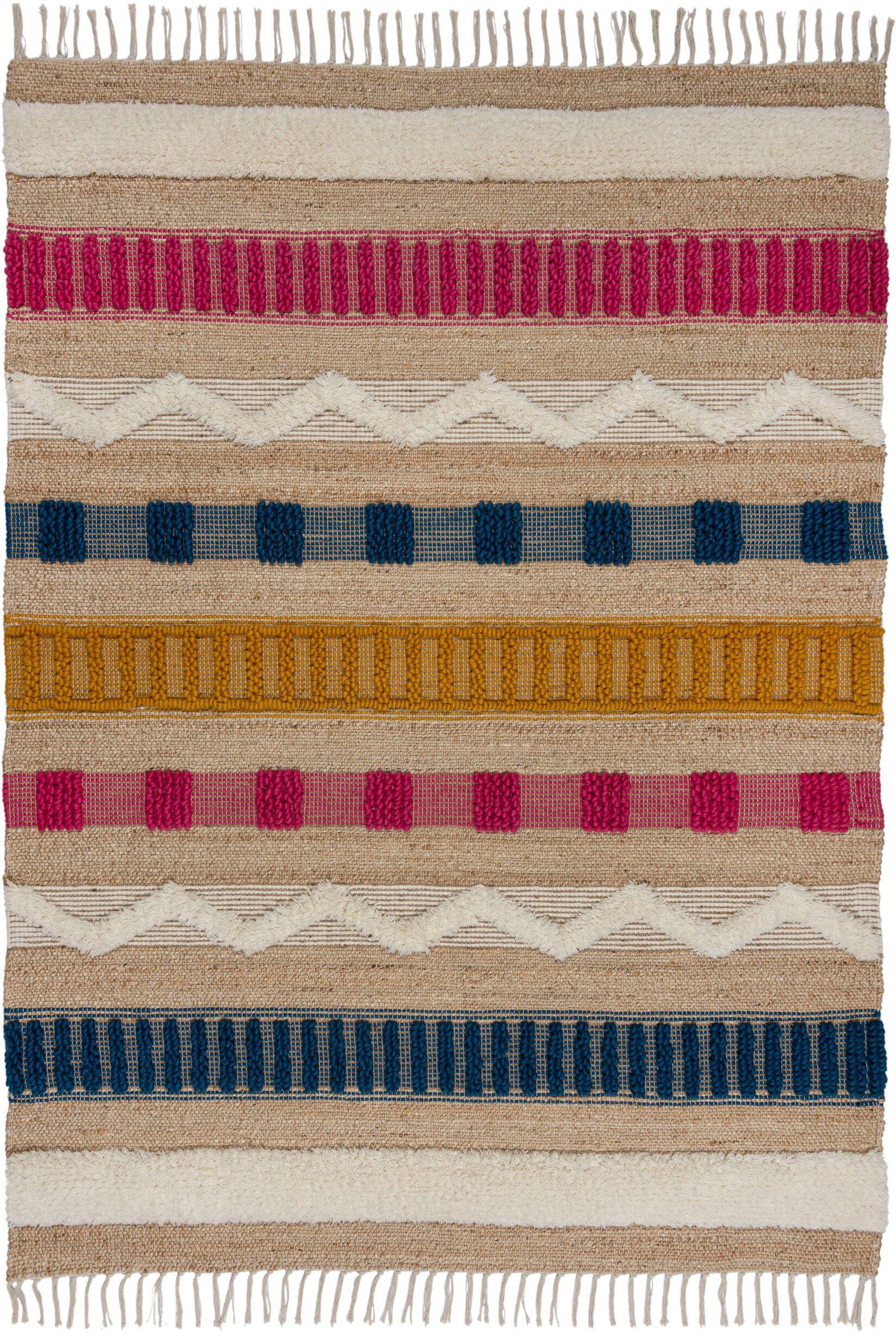 Teppich Medina, FLAIR bunt rechteckig, aus Boho-Look, Wolle 12 mm, Jute Naturfasern Höhe: RUGS, & wie