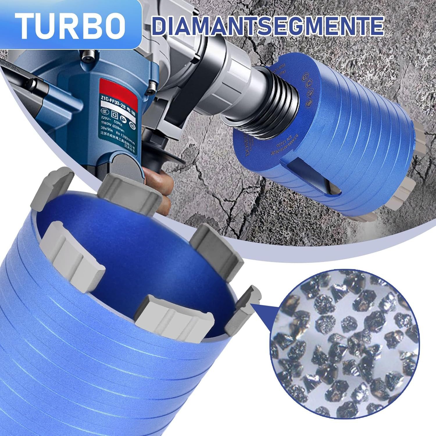 XERSEK Lochsäge M16 Diamant Dosensenker Turbo Dosenbohrer 68 mm mit SDS PLUS Bohrkrone, Ø 68 mm, 5 Diamantsegmente, Nutzlänge 95mm Steckdosenbohrer, Kronenbohre – Bild 5 von 5