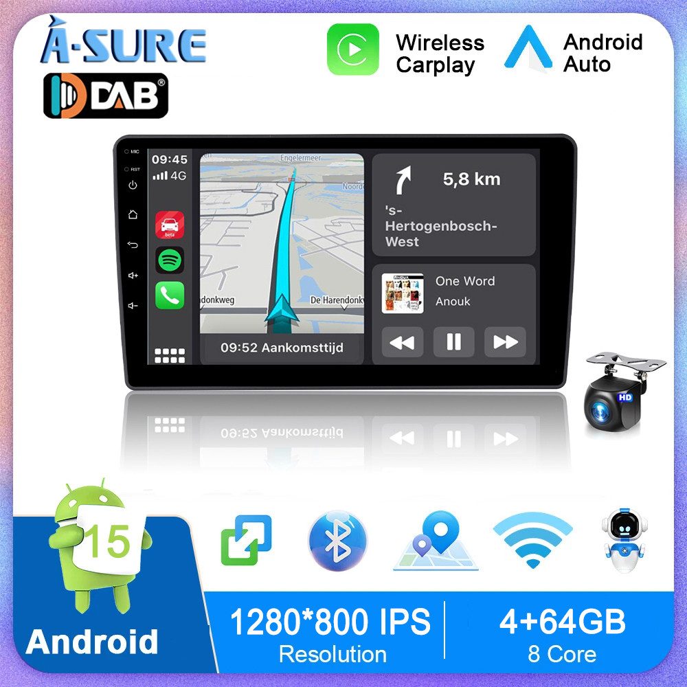 A-Sure 9''Android 15 Carplay GPS NAV Für Ford MK2 MK II 2004-2011 Autoradio (DSP, RDS, Navi, Bluetooth, Rückfahrkamera, Digitalradio (DAB), FM, GPS, SWC, Siri, Mirrorlink, Google play, Netflix, Youtube, Calendar, TikTok)