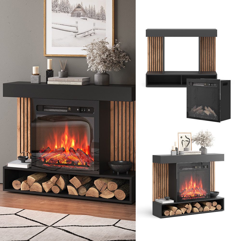 Vicco Kaminumbauschrank Lynea, Schwarz, 100 cm mit realistischem Flammeneff günstig online kaufen