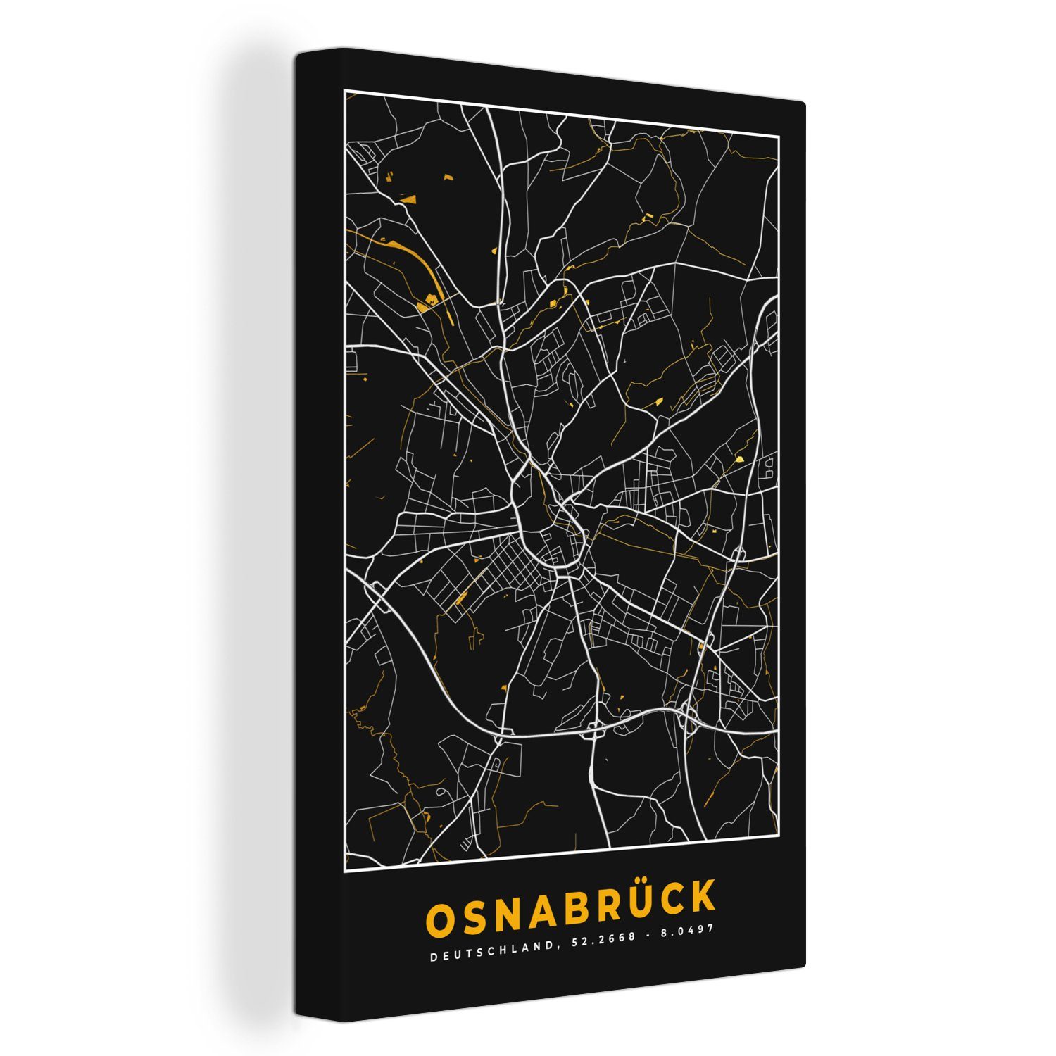 OneMillionCanvasses® Leinwandbild Osnabrück - Gold - Karte - Stadtplan - Deutschland, (1 St), Leinwandbild fertig bespannt inkl. Zackenaufhänger, Gemälde, 20x30 cm