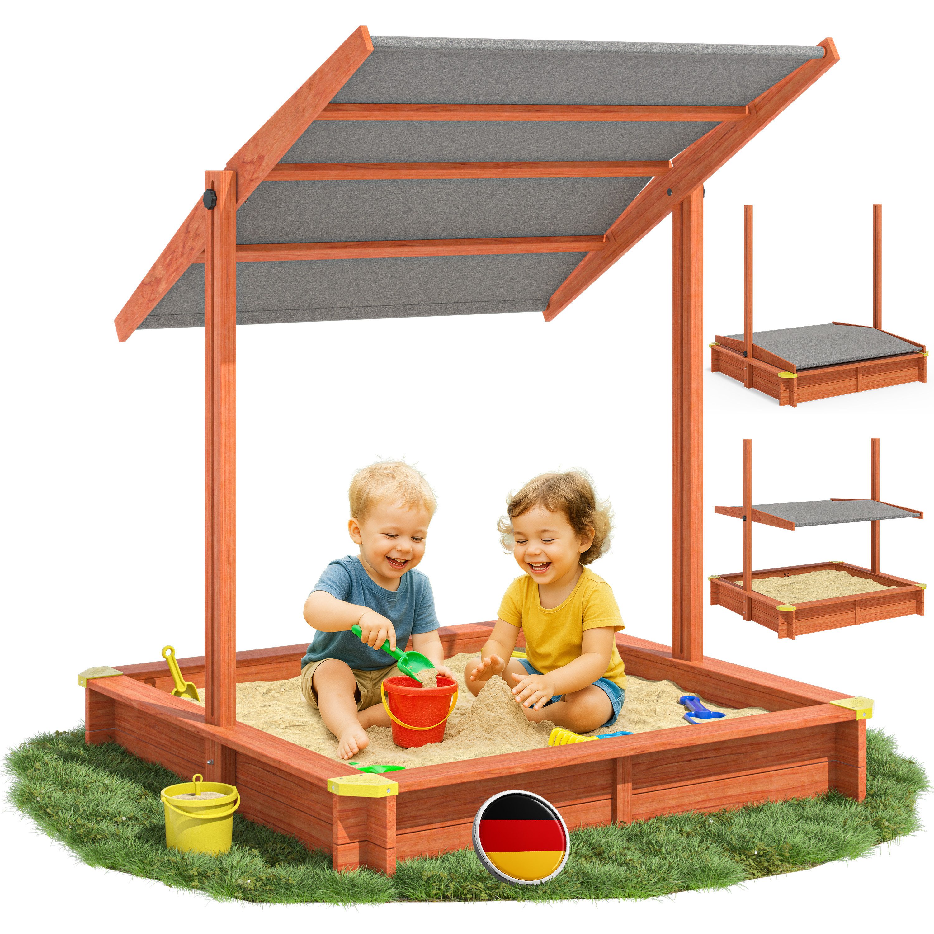 Spielwerk Sandkasten, Sami mit Dach 120x120cm imprägniertes Holz Füllstand Skala UV 50+