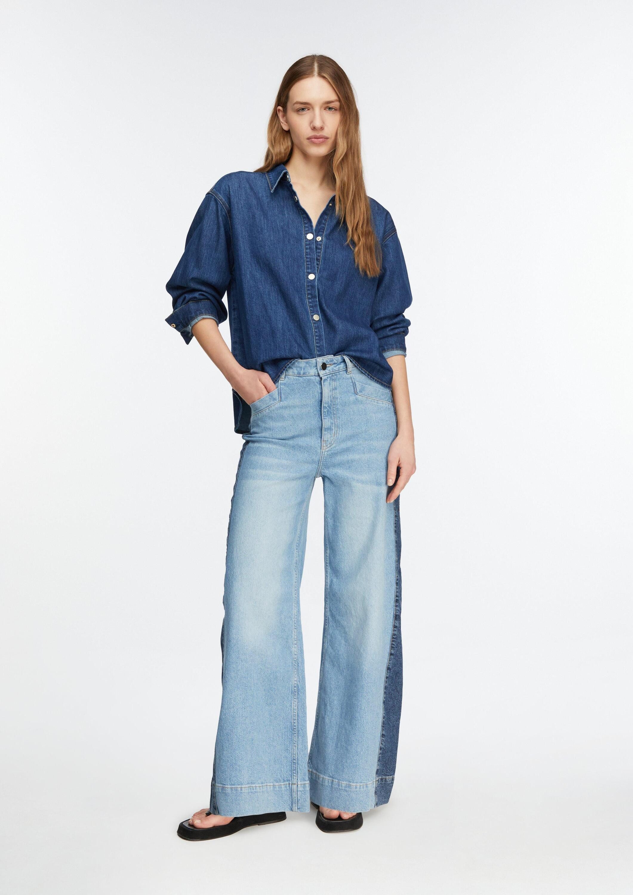 comma Weite Jeans Jeans-Hose Wide-Leg-Denim mit High Rise und Kontraststreifen