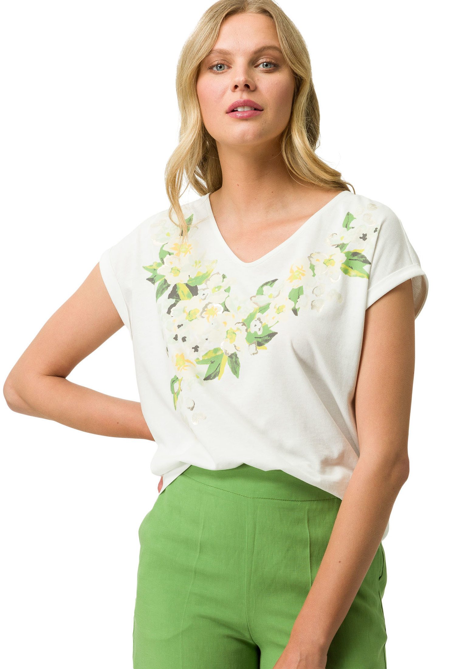 Zero T-Shirt V-Ausschnitt mit Blumen (1-tlg) Plain/ohne Details