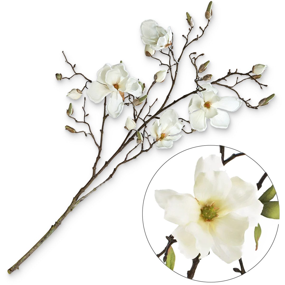 Kunstblume Magnolie Kunstblume 87 cm in creme beige Blüten Knospen wie echt Magnolien, matches21 HOME & HOBBY, Höhe 110 cm, Magnolien-Zweig als künstliche Blume für Tischdeko Wohnzimmerdeko