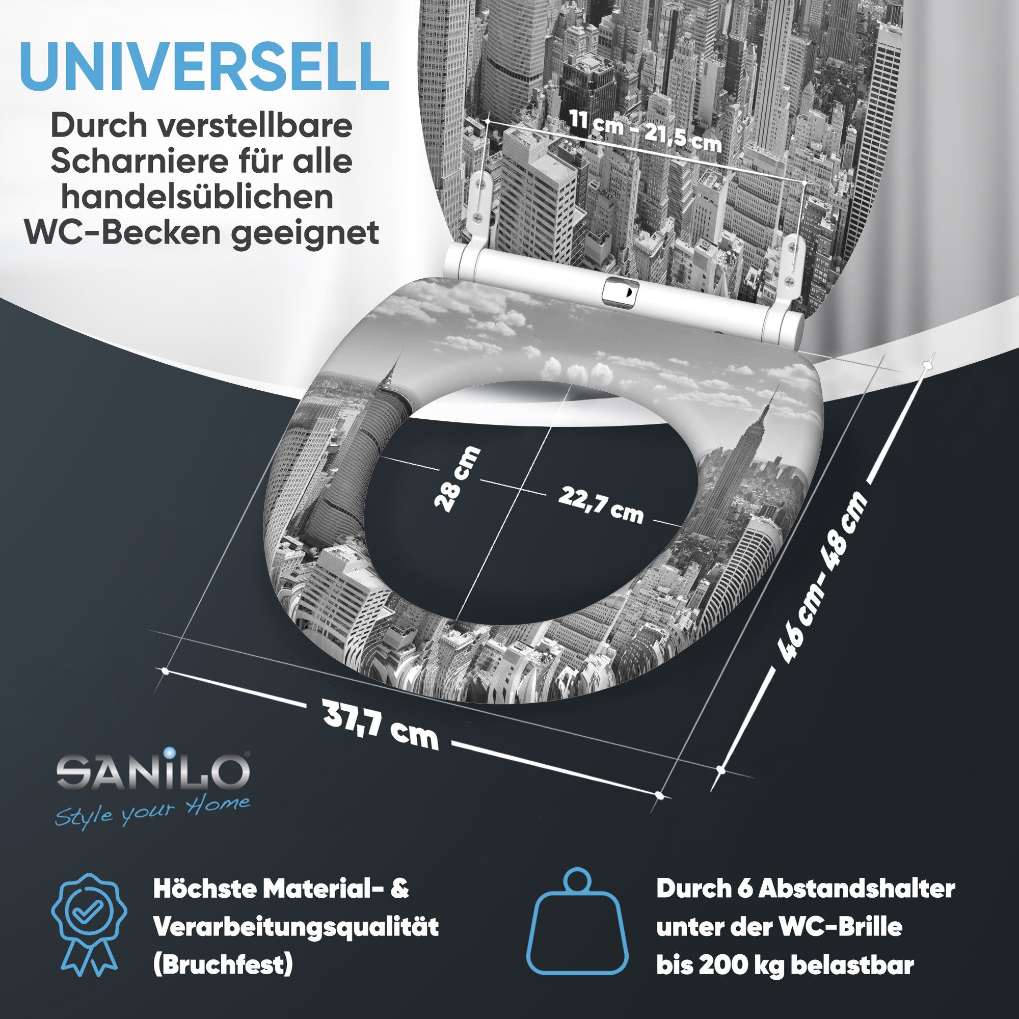 Sanilo WC-Sitz Skyline New York mit Absenkautomatik & Quick Release, Premium Toilettendeckel, abnehmbar, leichte Montage von oben – Bild 4 von 5