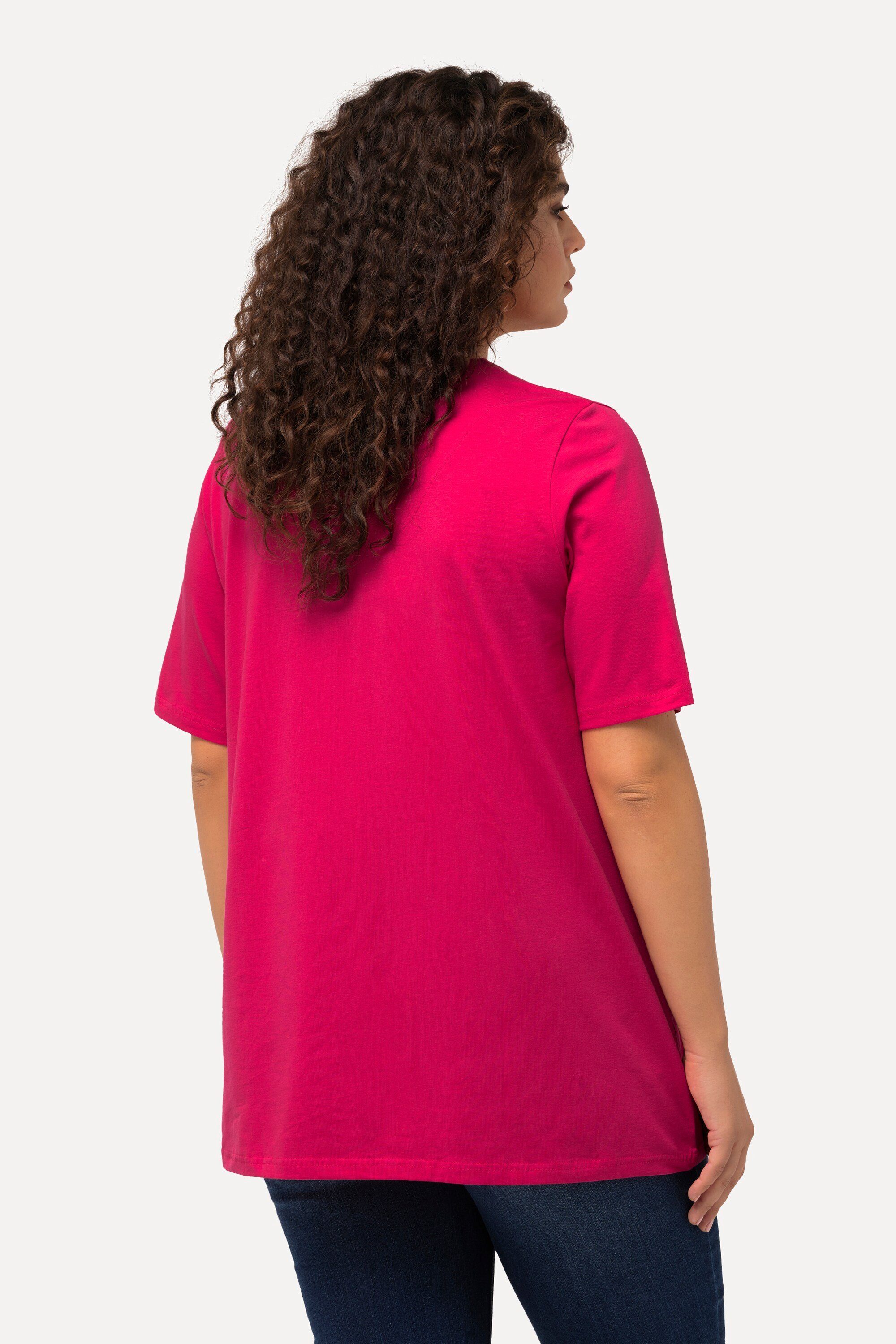 Rundhalsshirt A-Linie T-Shirt Tunika-Ausschnitt magentapink Halbarm Ulla Popken