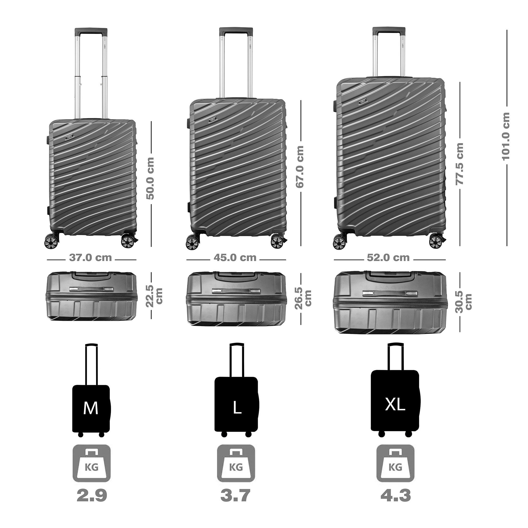 Valis Hartschalen-Trolley Hartschalen-Trolley Reisekoffer ABS Hartschalenkoffer, ABS-Hartschale & voll gefütterter Innenraum & 4 Doppelrollen