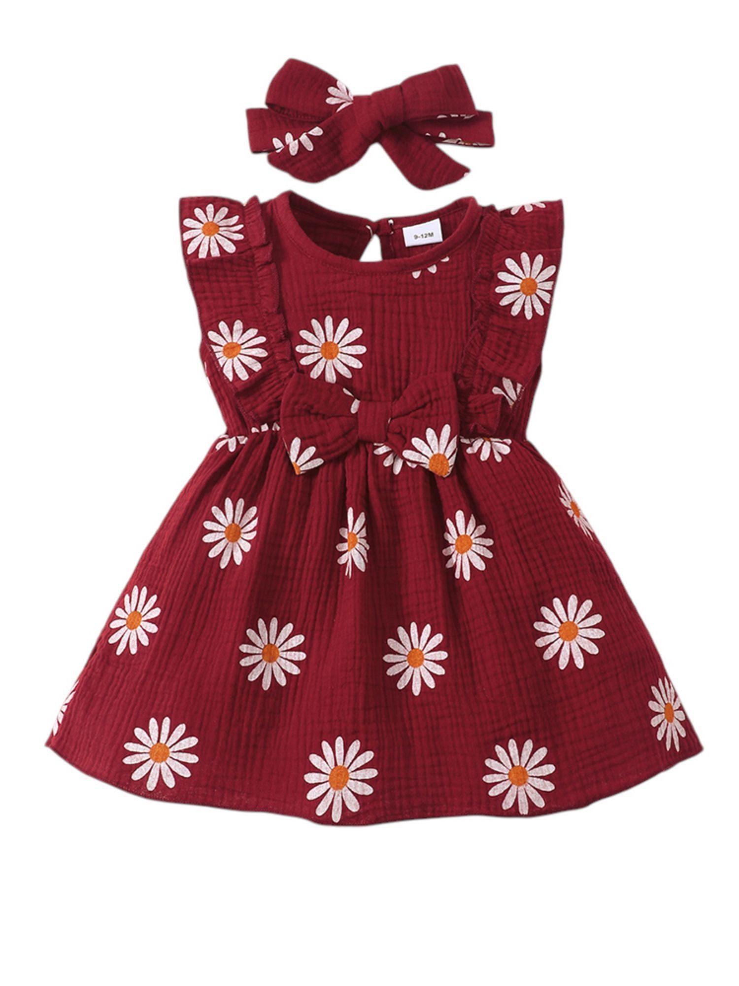 Lapastyle A-Linien-Kleid Ärmellos Baby-Sommerkleid, Strandkleid mit Blumendruck & Stirnband (Set, 2-tlg) Neugeborene Outfit Set, Lässiges Partykleid aus Baumwolle mit Rüschen