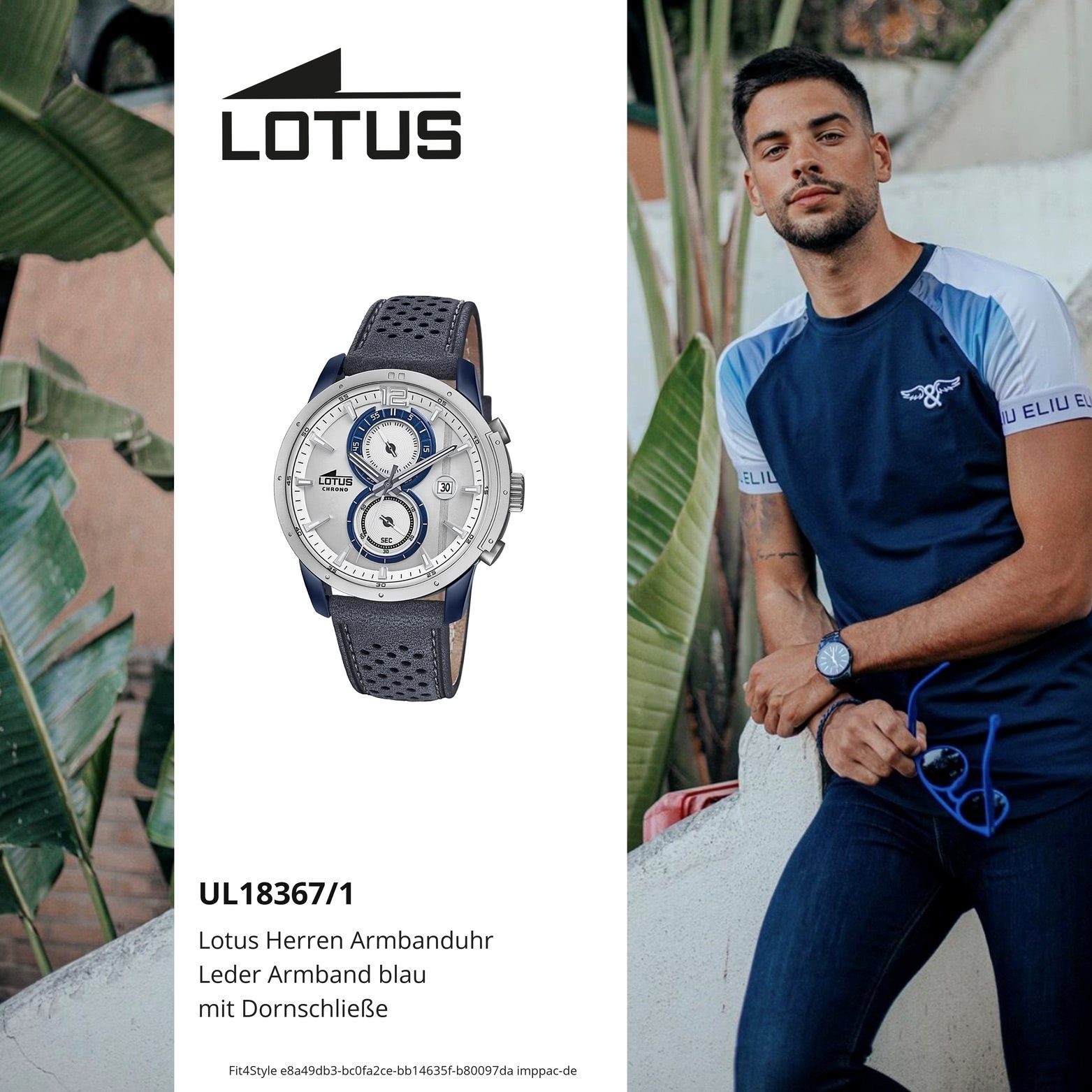 Lotus Herren Sport-Sty L18367/1, Uhr Chronograph Chrono (ca. Gehäuse, 44mm), rundes Lederarmband, mit Lotus Herrenuhr Leder groß