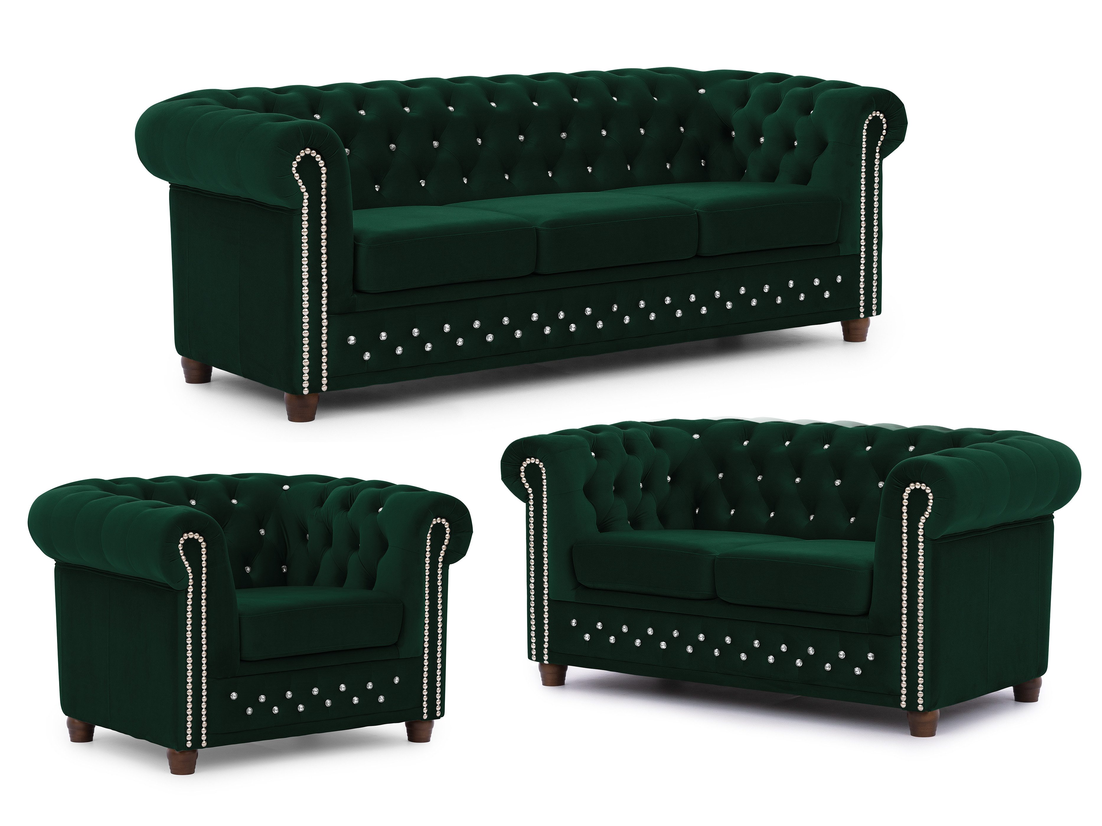 S-Style Möbel Polstergarnitur Chesterfield 3+2+1 Cleo Blink aus Samt mit Kristallsteppung, (1x 3-Sitzer-Sofa, 1x 2-Sitzer-Sofa, 1x Sessel), mit Wellenfederung – Bild 2 von 5