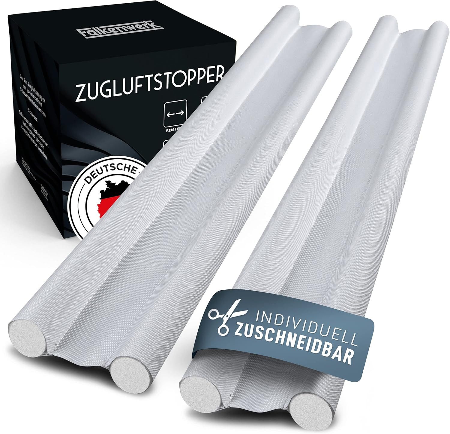 Falkenwerk Zugluftstopper für Türen [2er-Set] - Zuschneidbare Türdichtung 90cm, Weiß, doppelseitig, Heizkostensparend