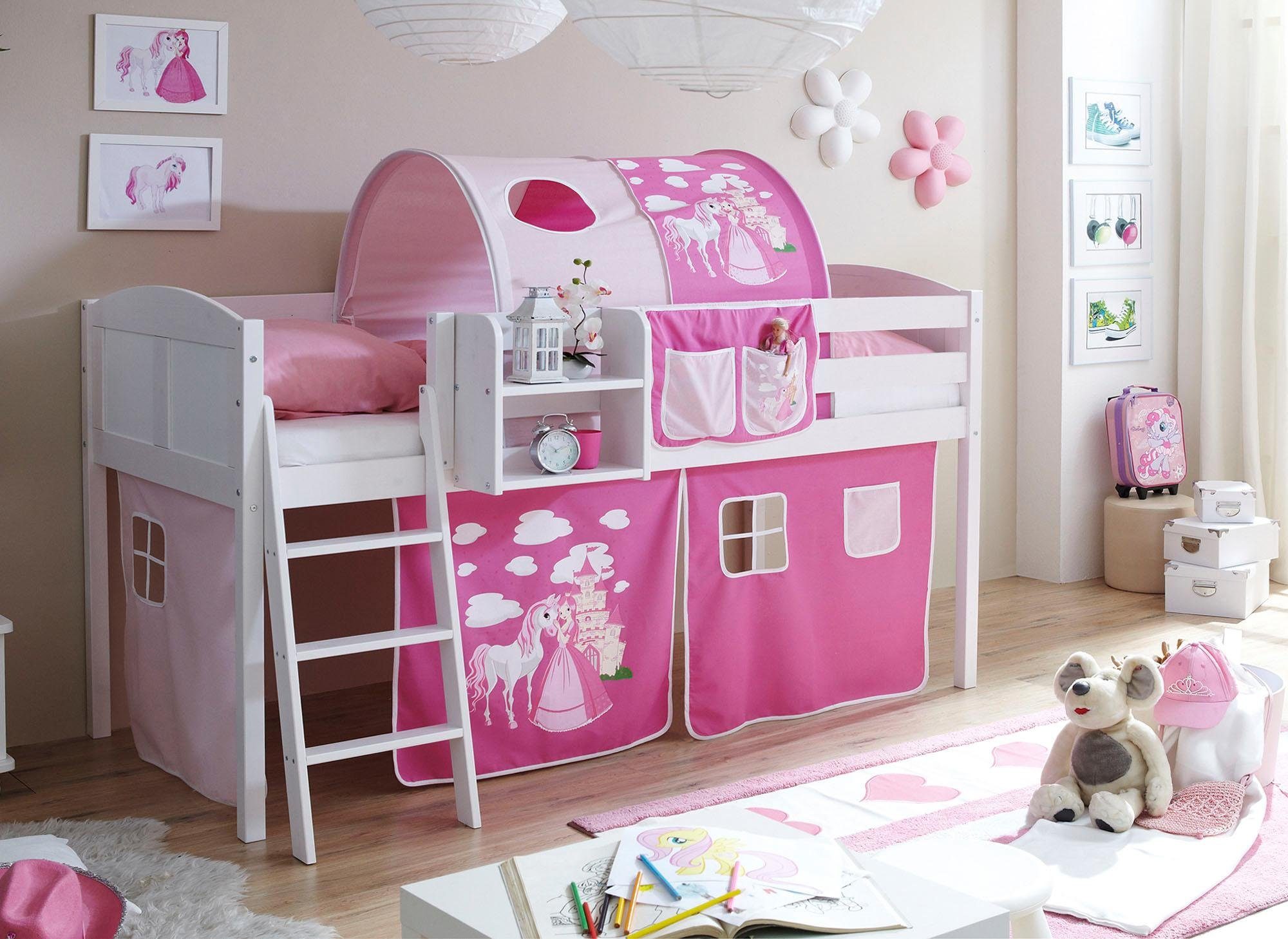 Ticaa Hochbett Eric mit Rollrost Pink Prinzessin, Textil-Set Matratze, und wahlweise mit Kiefer