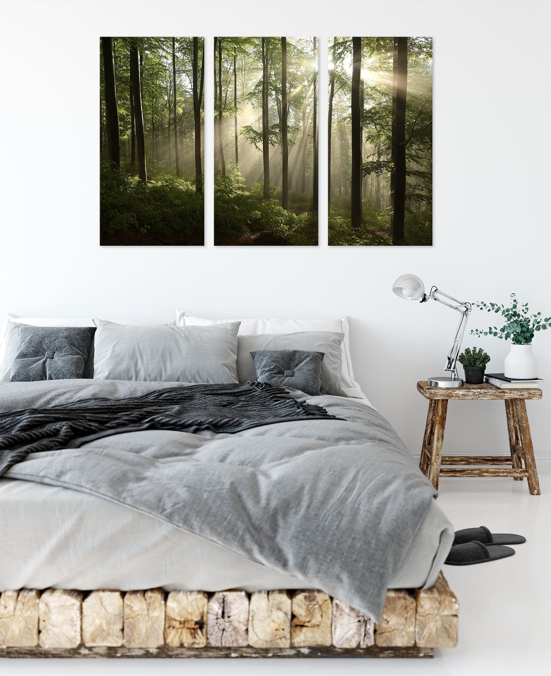 Pixxprint Leinwandbild Sonnenstrahlen (120x80cm) Wald Leinwandbild im im fertig Wald, Zackenaufhänger St), bespannt, (1 3Teiler inkl. Sonnenstrahlen